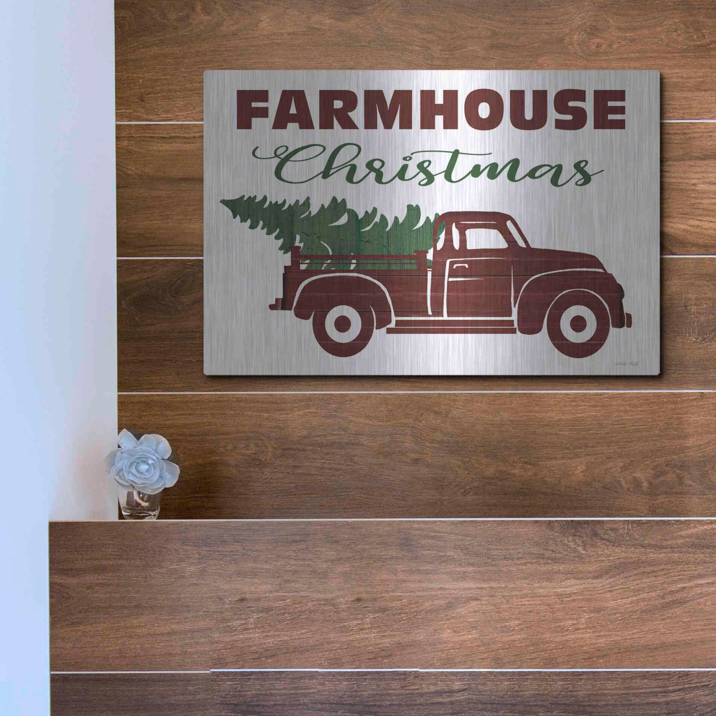 Luxe Metal Art 'Farmhouse Christmas Truck' by Cindy Jacobs, Metal Wall Art,16x12