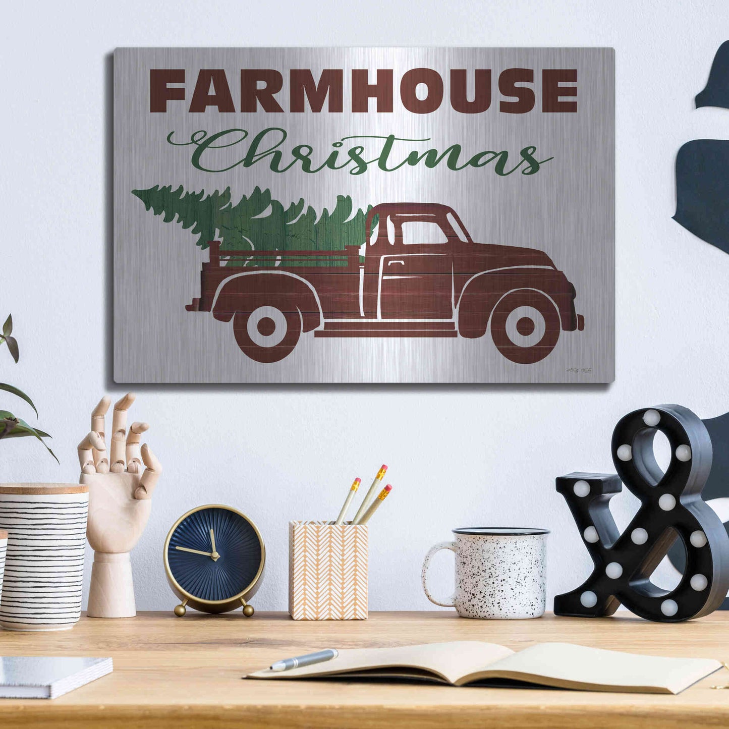 Luxe Metal Art 'Farmhouse Christmas Truck' by Cindy Jacobs, Metal Wall Art,16x12