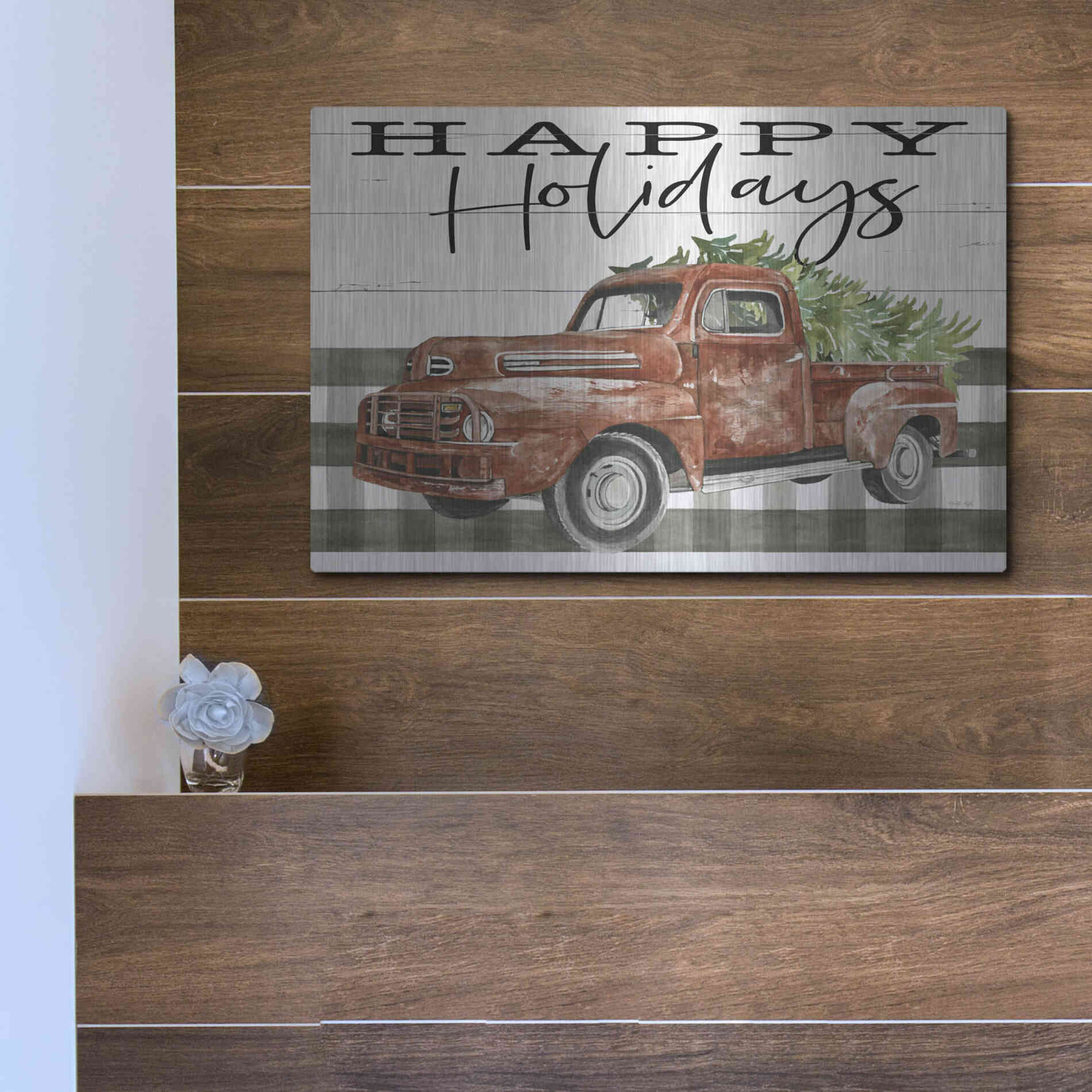 Luxe Metal Art 'Happy Holidays Truck' by Cindy Jacobs, Metal Wall Art,16x12