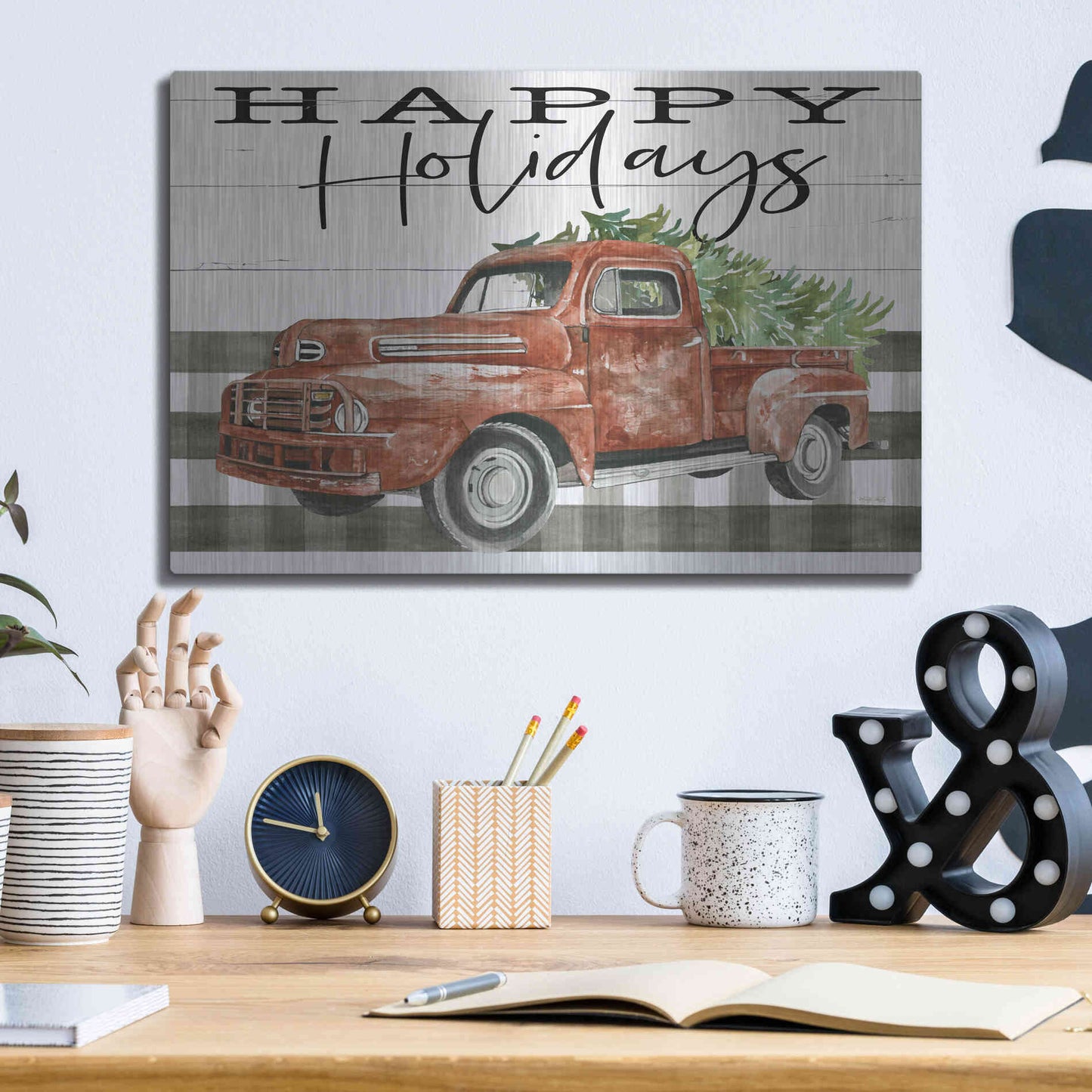 Luxe Metal Art 'Happy Holidays Truck' by Cindy Jacobs, Metal Wall Art,16x12