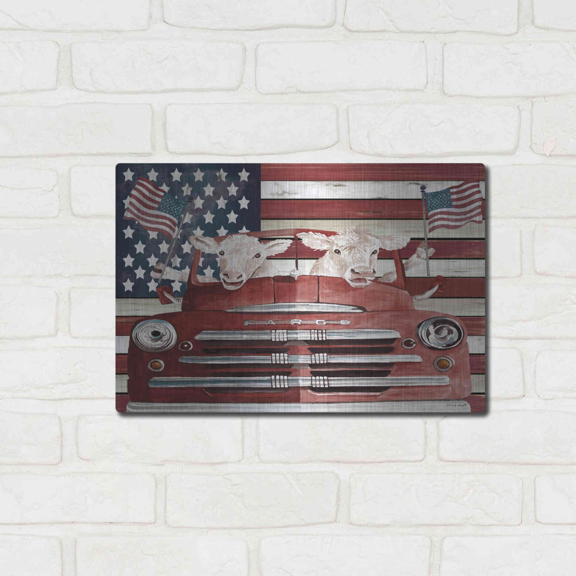 Luxe Metal Art 'Patriotic Cows' by Cindy Jacobs, Metal Wall Art,16x12