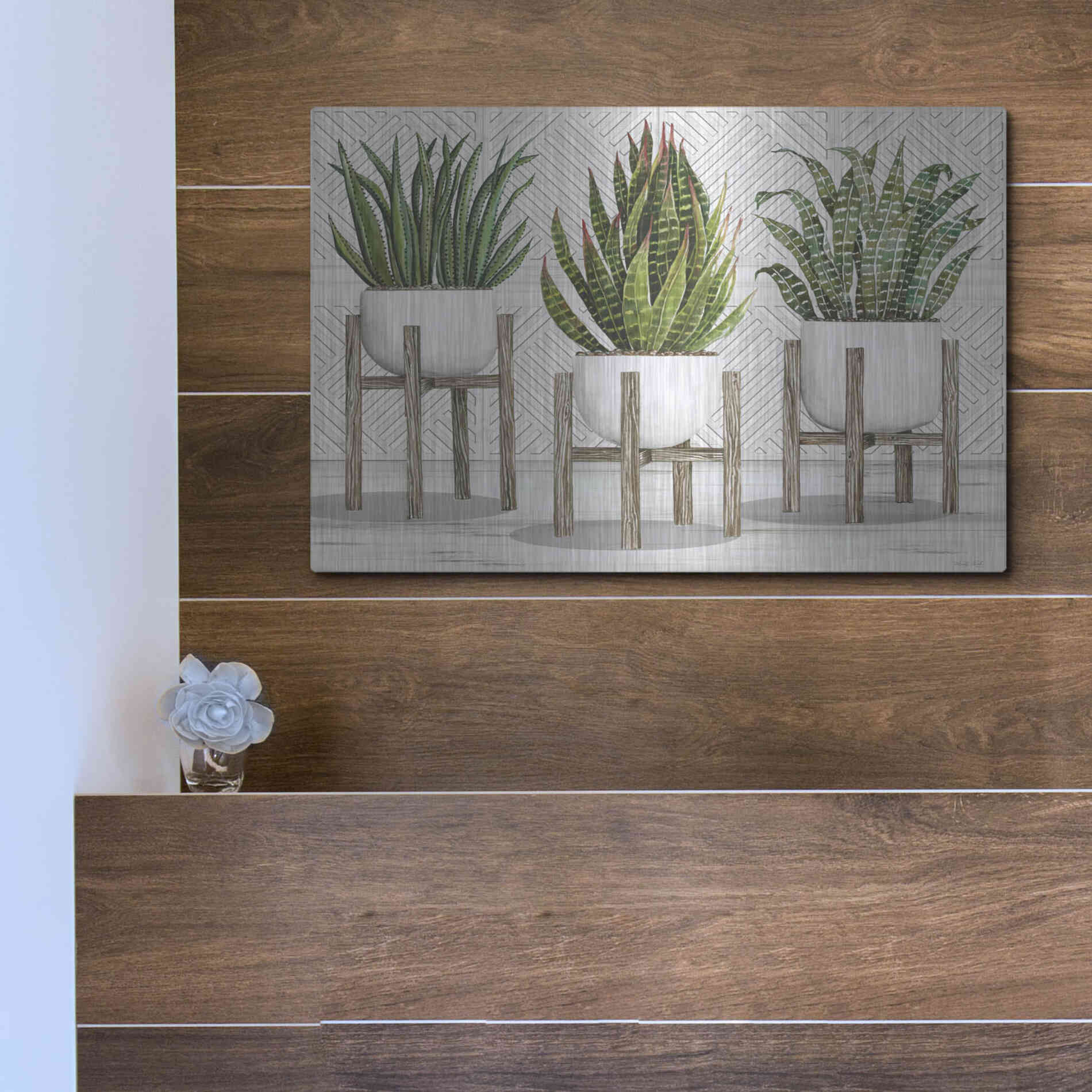 Luxe Metal Art 'Succulent Trio on Stands' by Cindy Jacobs, Metal Wall Art,16x12