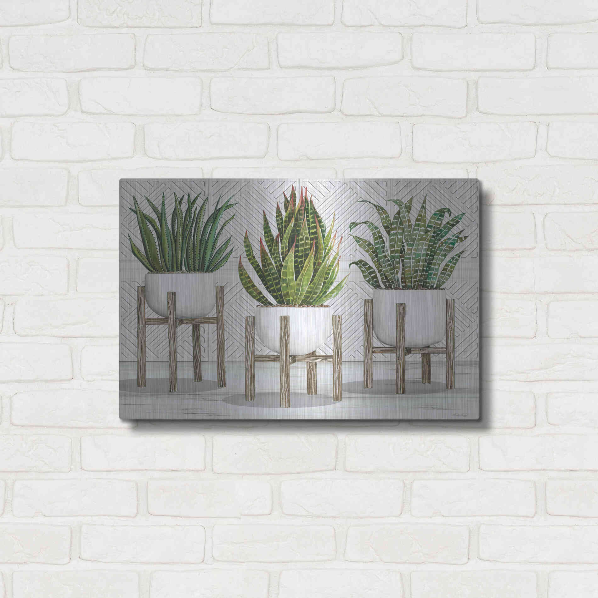 Luxe Metal Art 'Succulent Trio on Stands' by Cindy Jacobs, Metal Wall Art,24x16