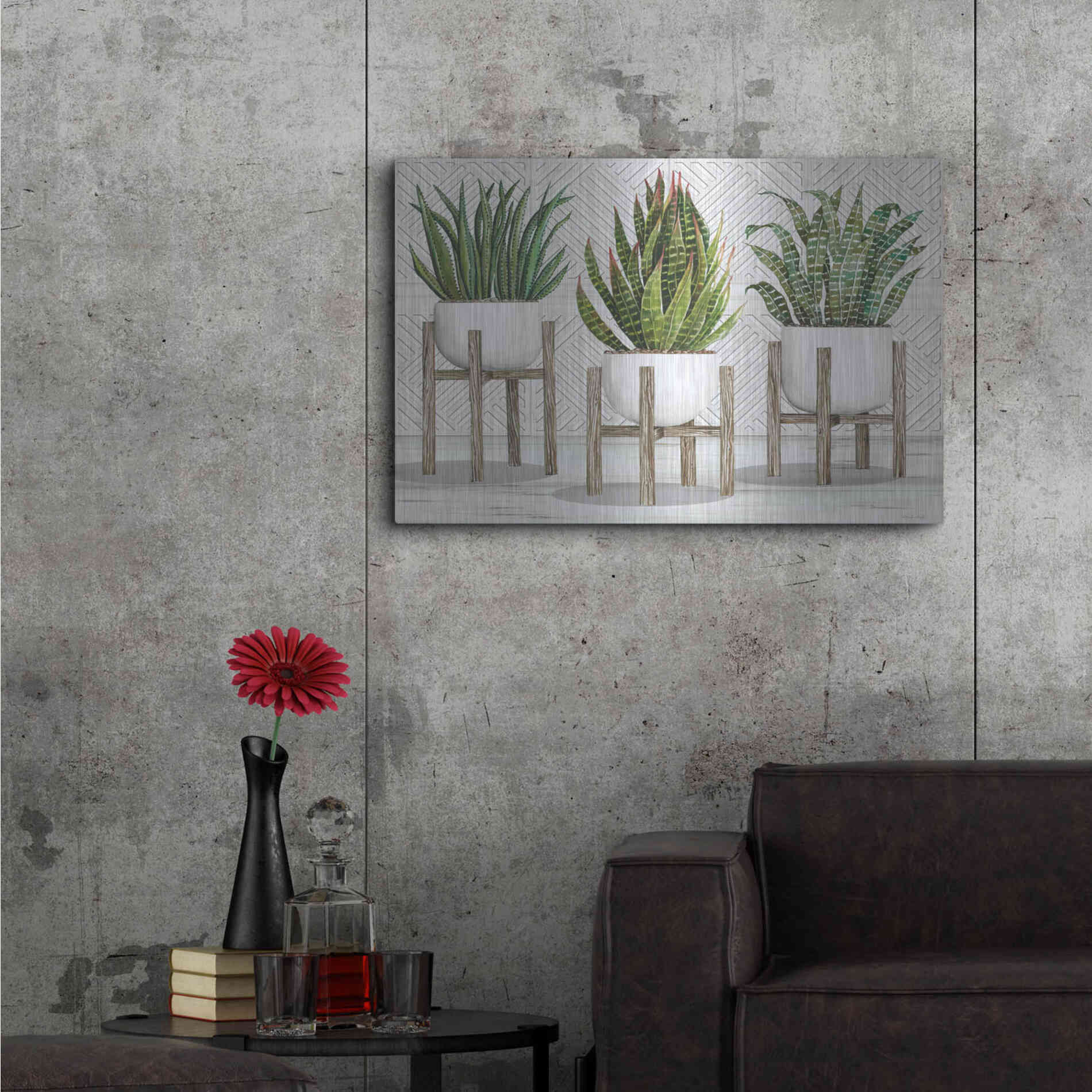 Luxe Metal Art 'Succulent Trio on Stands' by Cindy Jacobs, Metal Wall Art,36x24