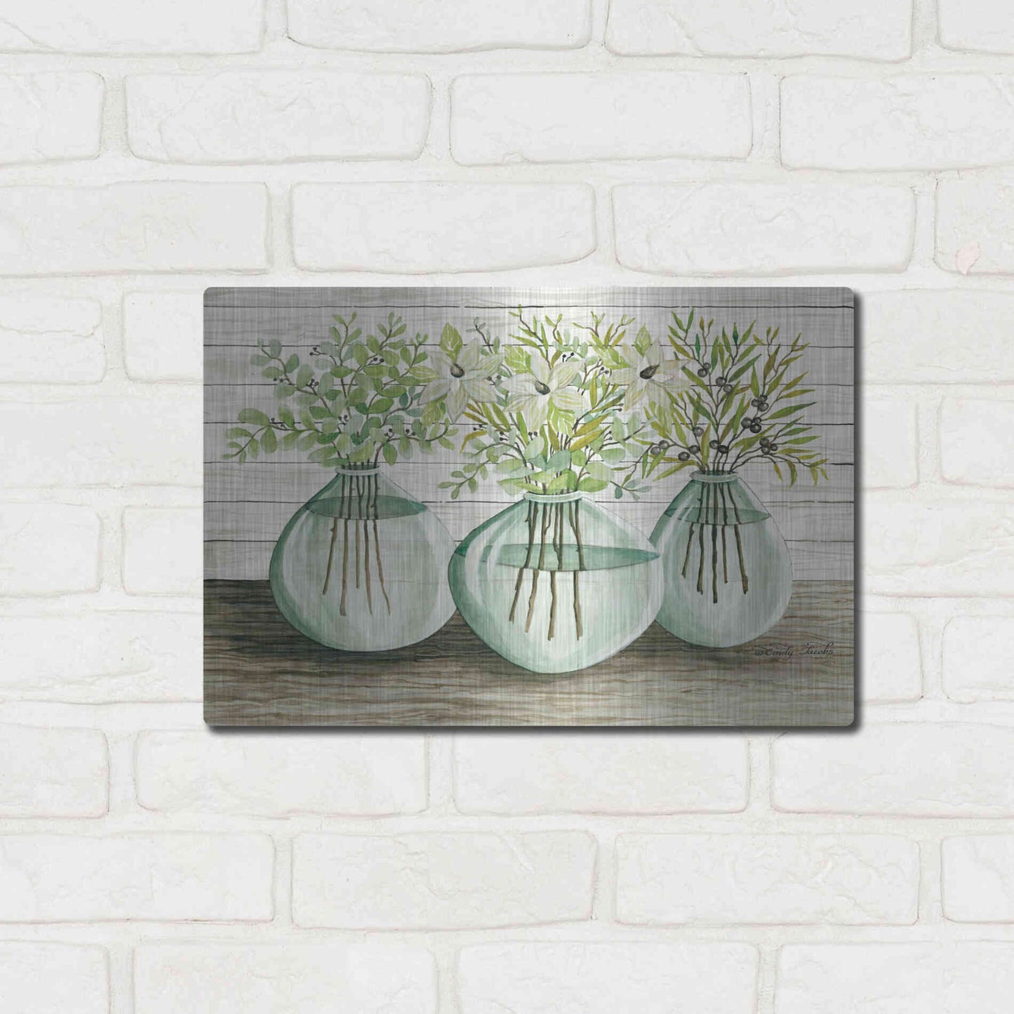 Luxe Metal Art 'Eucalyptus in Glass Vases' by Cindy Jacobs, Metal Wall Art,16x12