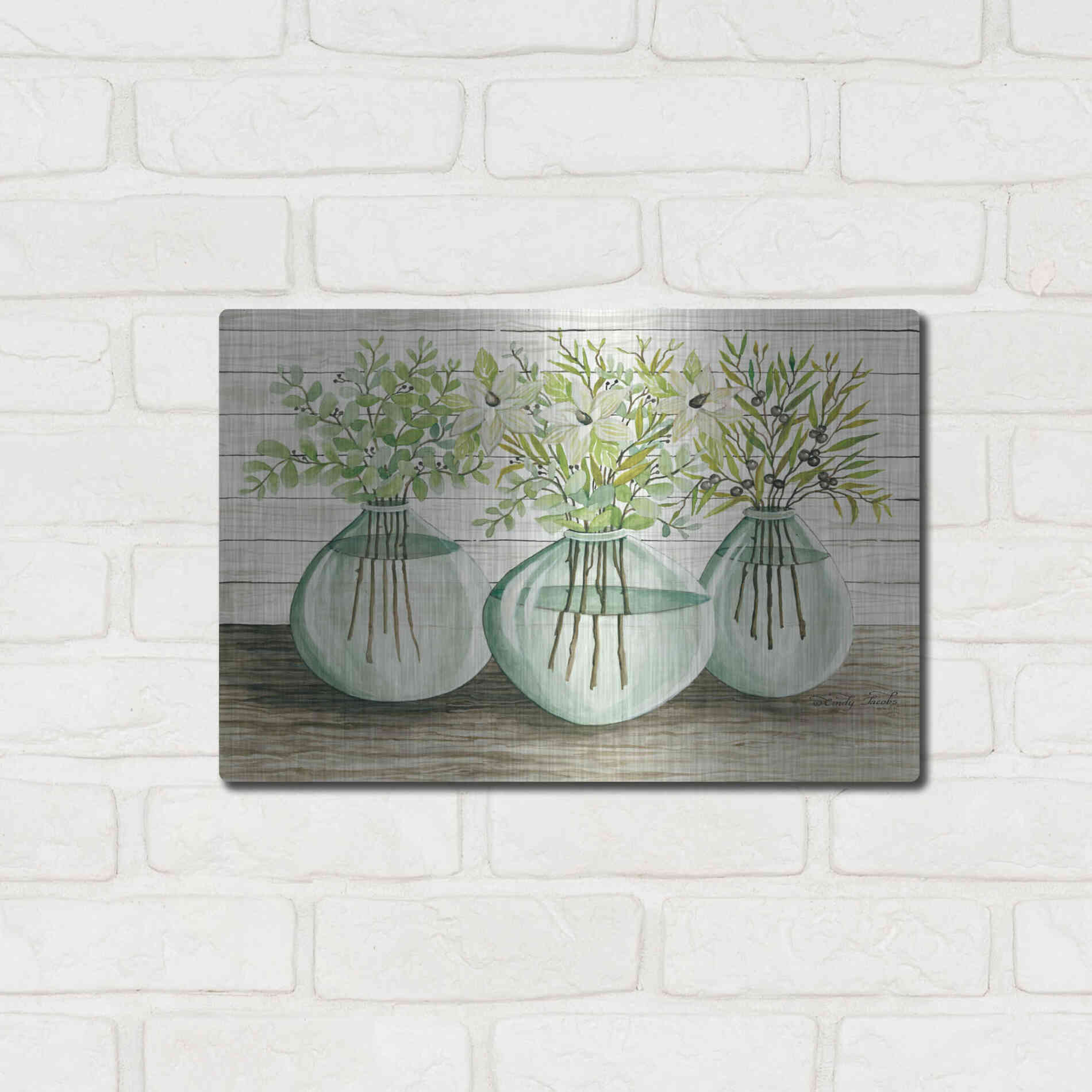 Luxe Metal Art 'Eucalyptus in Glass Vases' by Cindy Jacobs, Metal Wall Art,16x12