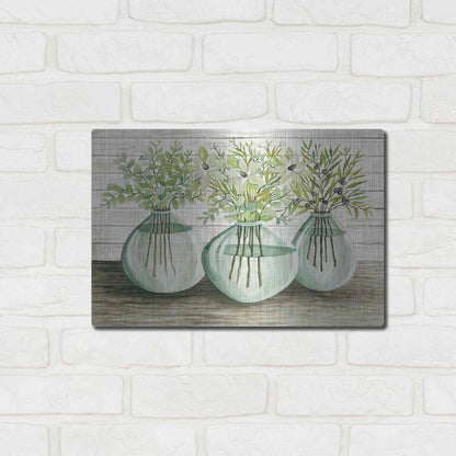 Luxe Metal Art 'Eucalyptus in Glass Vases' by Cindy Jacobs, Metal Wall Art,16x12