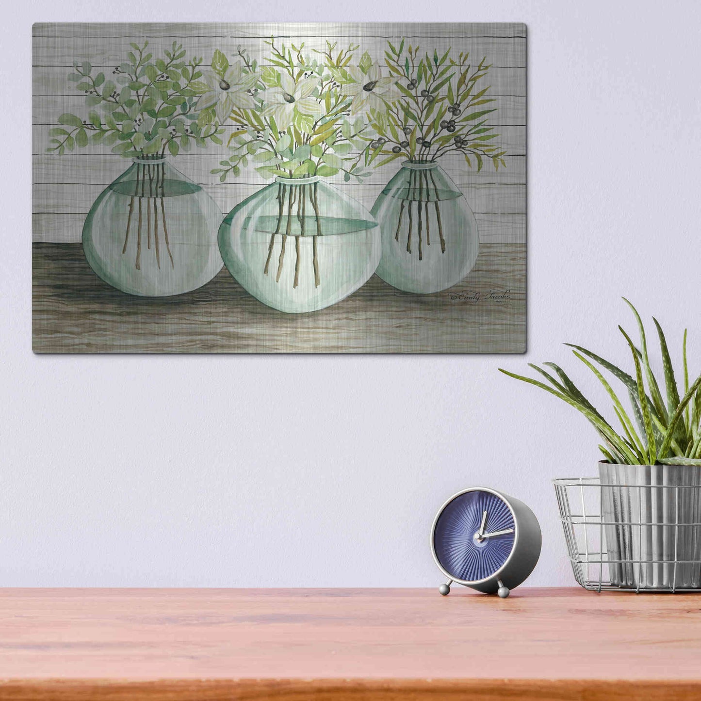 Luxe Metal Art 'Eucalyptus in Glass Vases' by Cindy Jacobs, Metal Wall Art,16x12