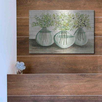 Luxe Metal Art 'Eucalyptus in Glass Vases' by Cindy Jacobs, Metal Wall Art,16x12