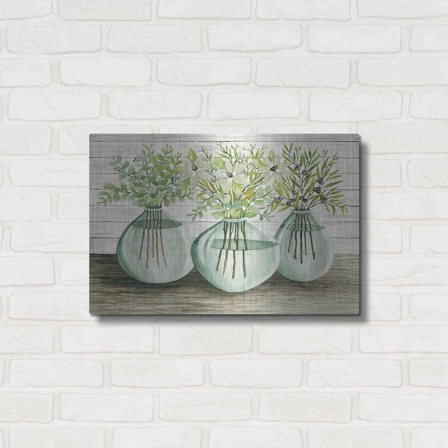 Luxe Metal Art 'Eucalyptus in Glass Vases' by Cindy Jacobs, Metal Wall Art,24x16
