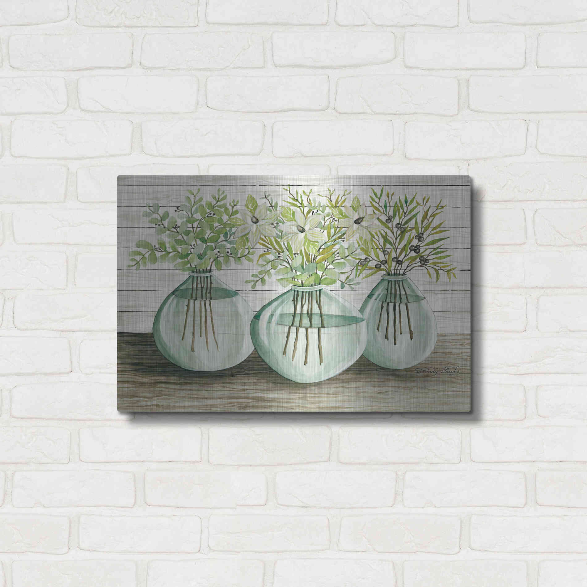 Luxe Metal Art 'Eucalyptus in Glass Vases' by Cindy Jacobs, Metal Wall Art,24x16