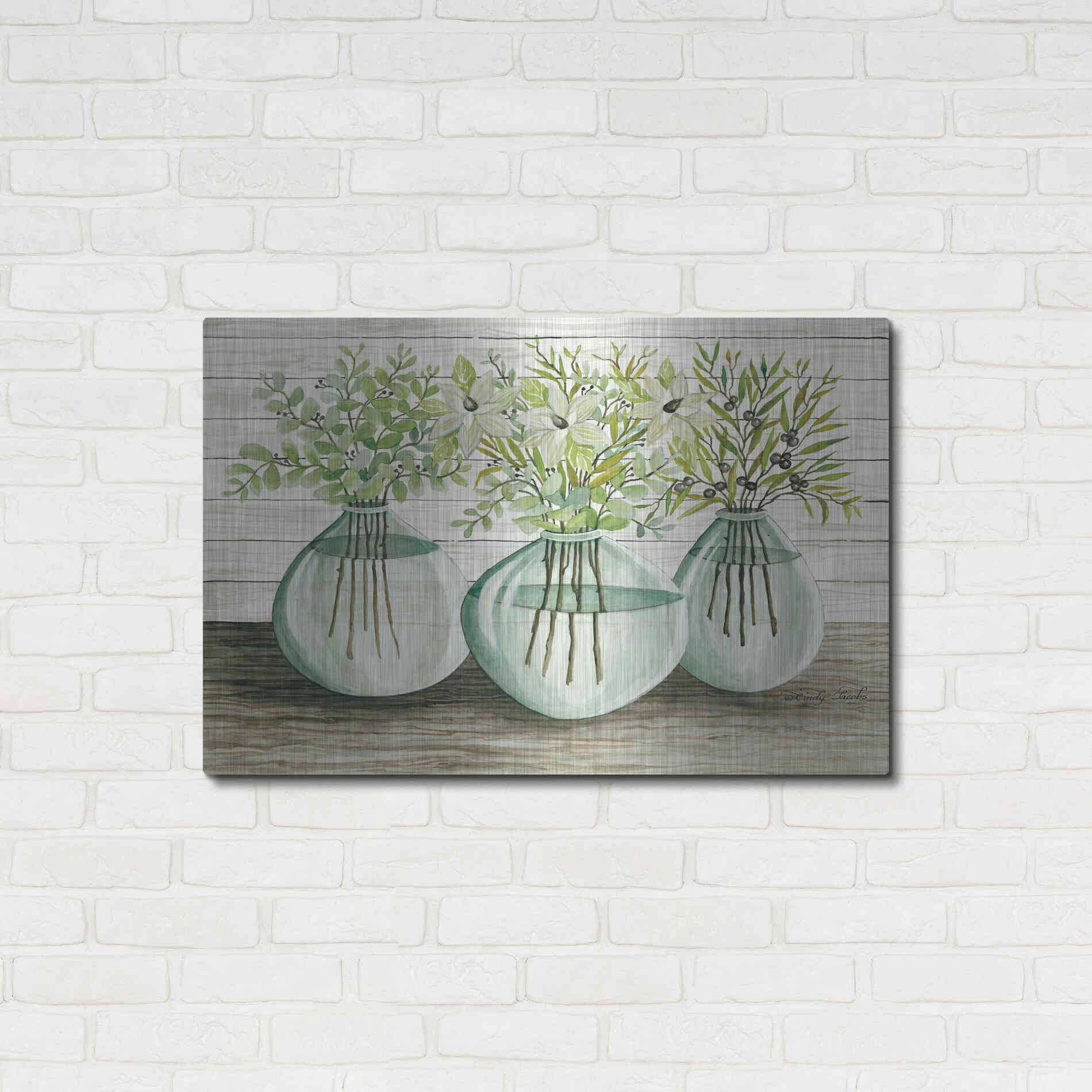 Luxe Metal Art 'Eucalyptus in Glass Vases' by Cindy Jacobs, Metal Wall Art,36x24