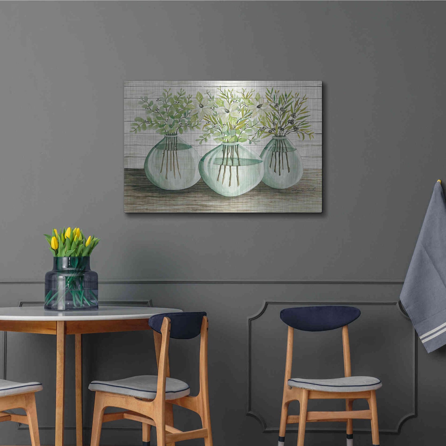 Luxe Metal Art 'Eucalyptus in Glass Vases' by Cindy Jacobs, Metal Wall Art,36x24