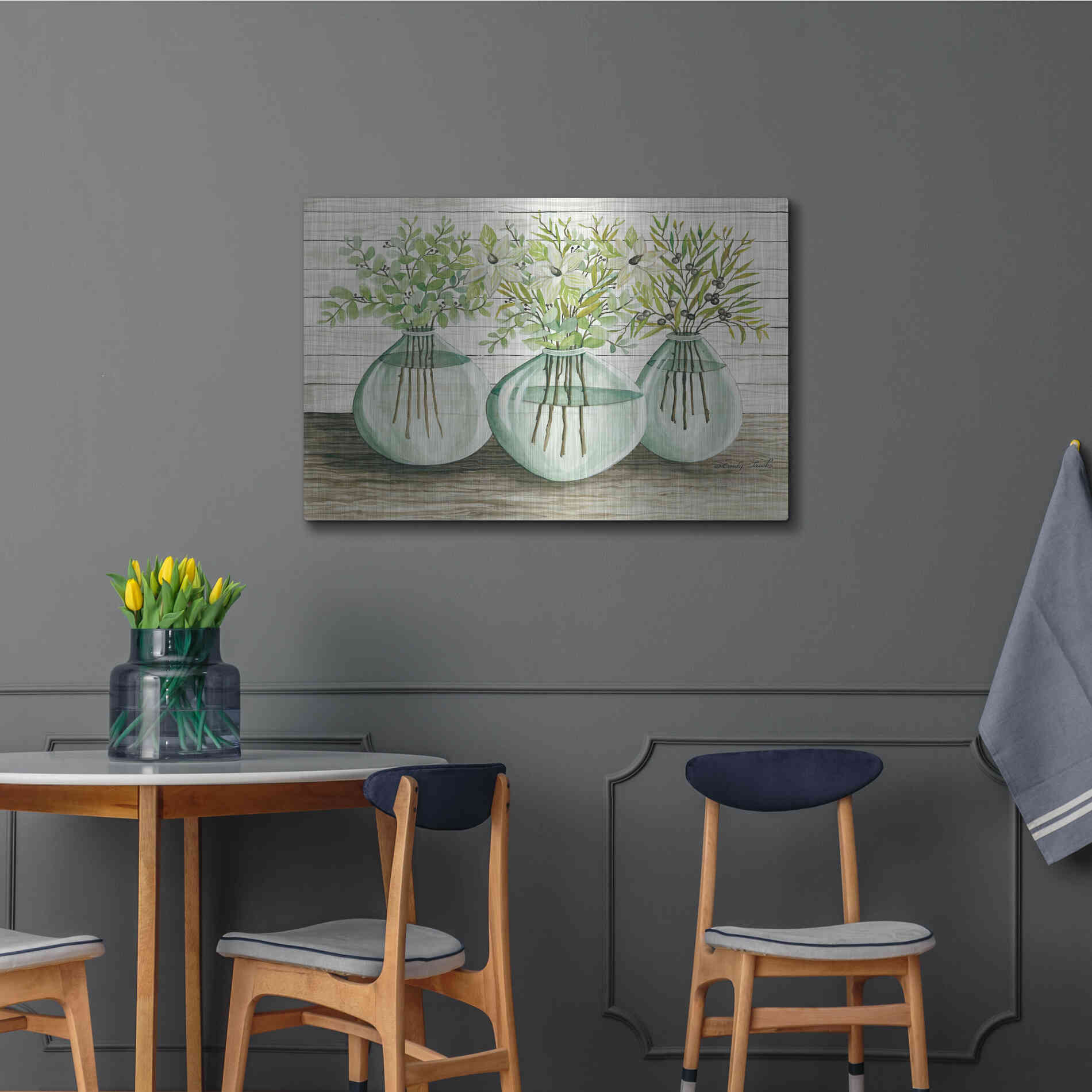 Luxe Metal Art 'Eucalyptus in Glass Vases' by Cindy Jacobs, Metal Wall Art,36x24