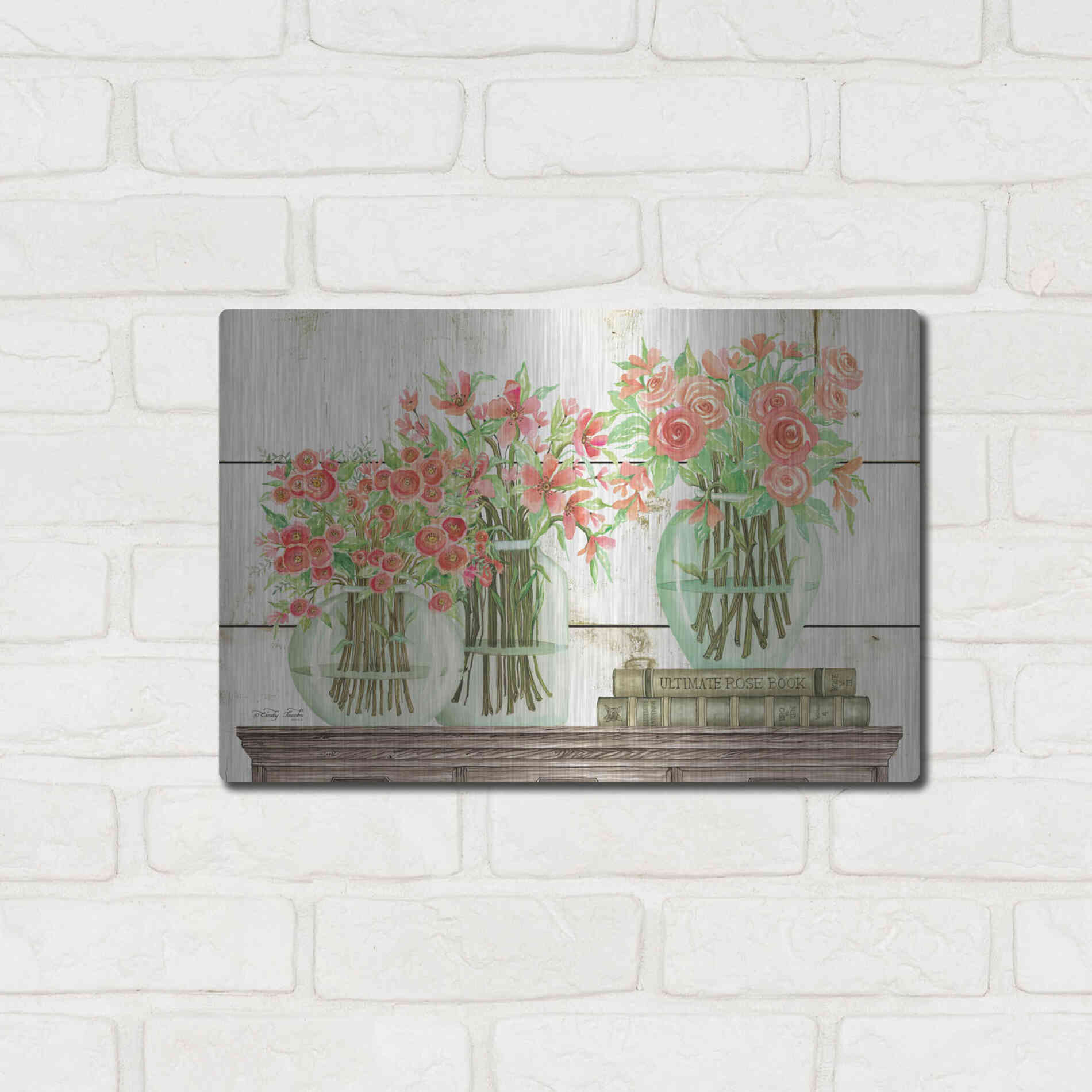 Luxe Metal Art 'Trio of Flowers' by Cindy Jacobs, Metal Wall Art,16x12