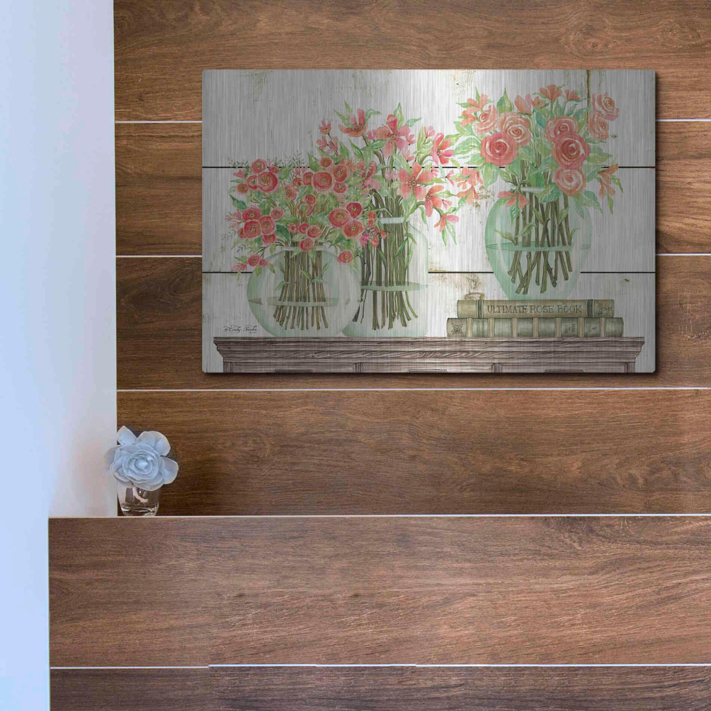 Luxe Metal Art 'Trio of Flowers' by Cindy Jacobs, Metal Wall Art,16x12