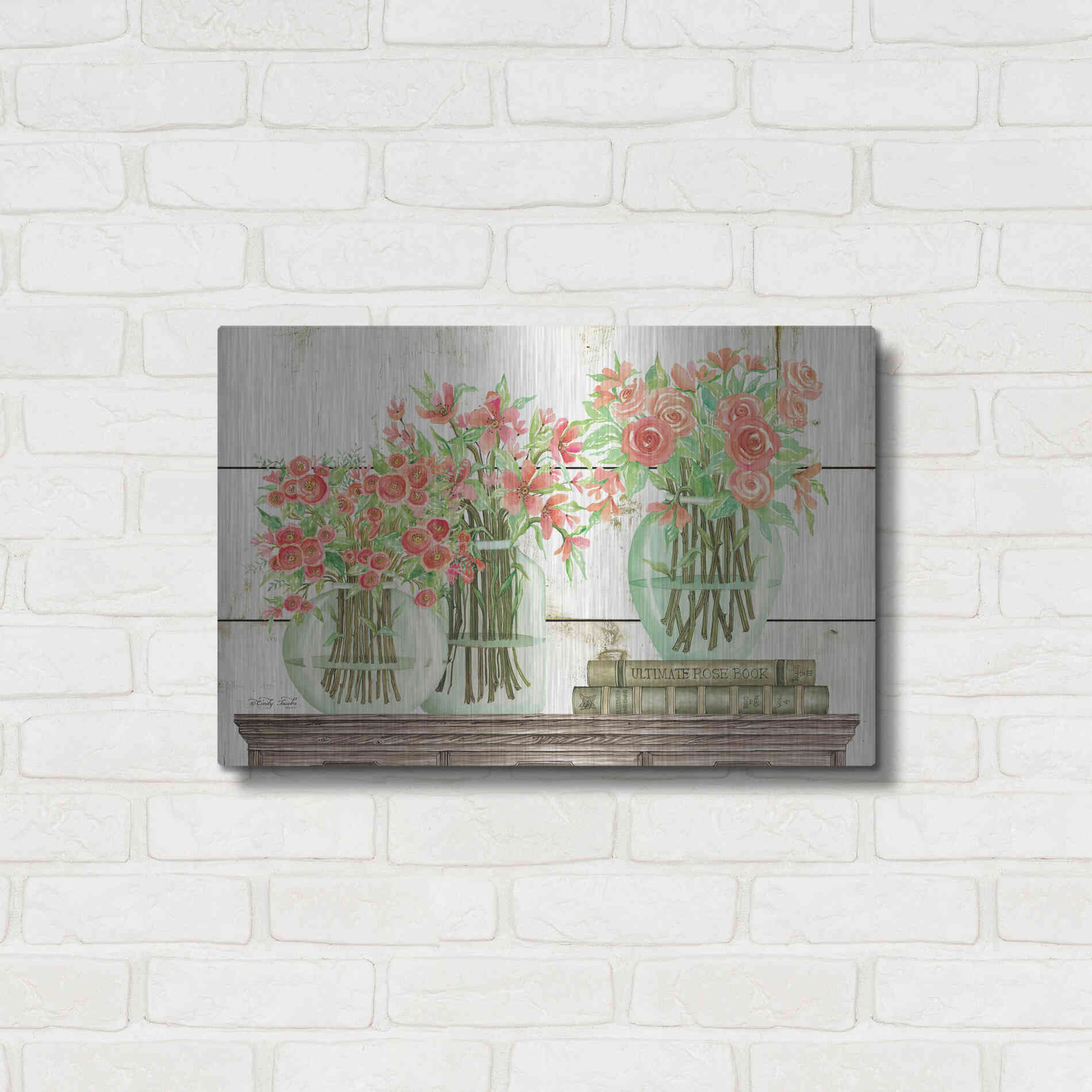 Luxe Metal Art 'Trio of Flowers' by Cindy Jacobs, Metal Wall Art,24x16