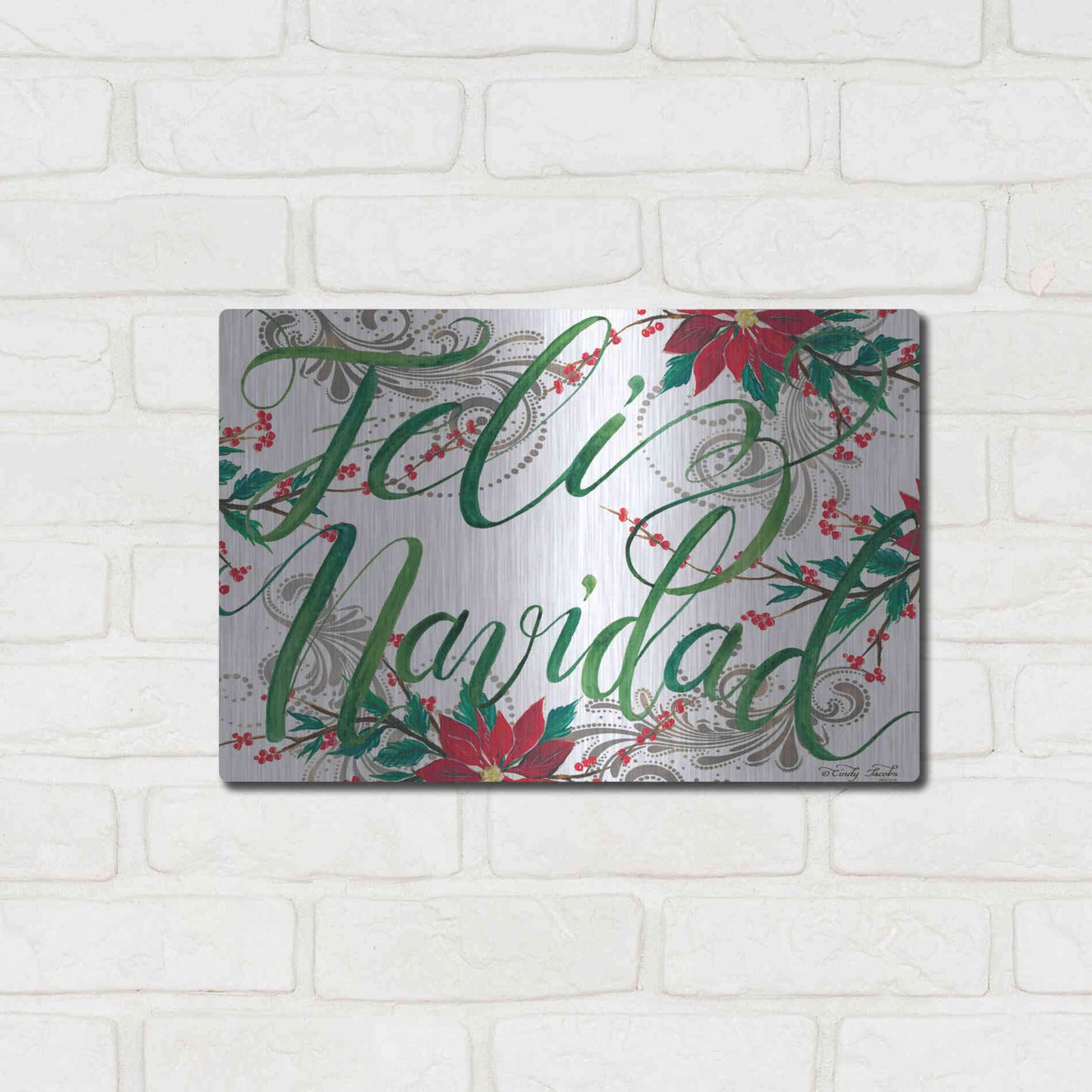 Luxe Metal Art 'Feliz Navidad' by Cindy Jacobs, Metal Wall Art,16x12