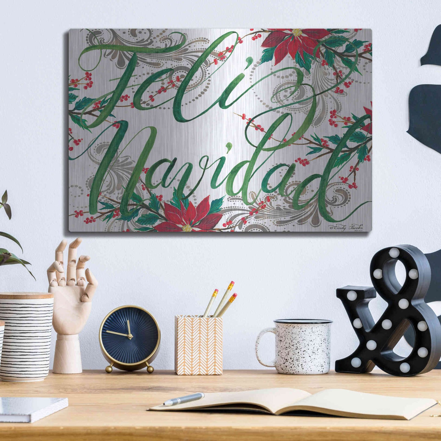 Luxe Metal Art 'Feliz Navidad' by Cindy Jacobs, Metal Wall Art,16x12