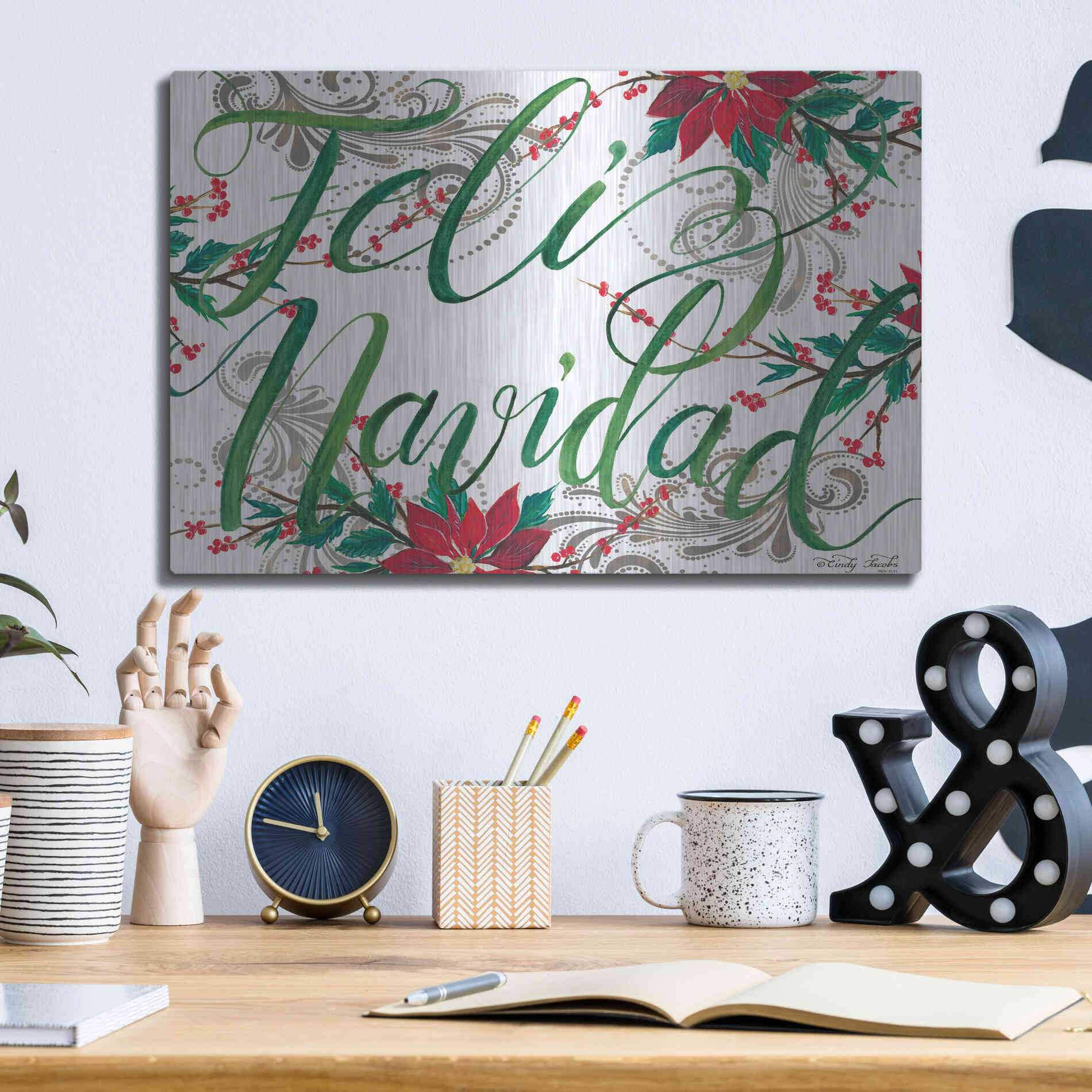 Luxe Metal Art 'Feliz Navidad' by Cindy Jacobs, Metal Wall Art,16x12