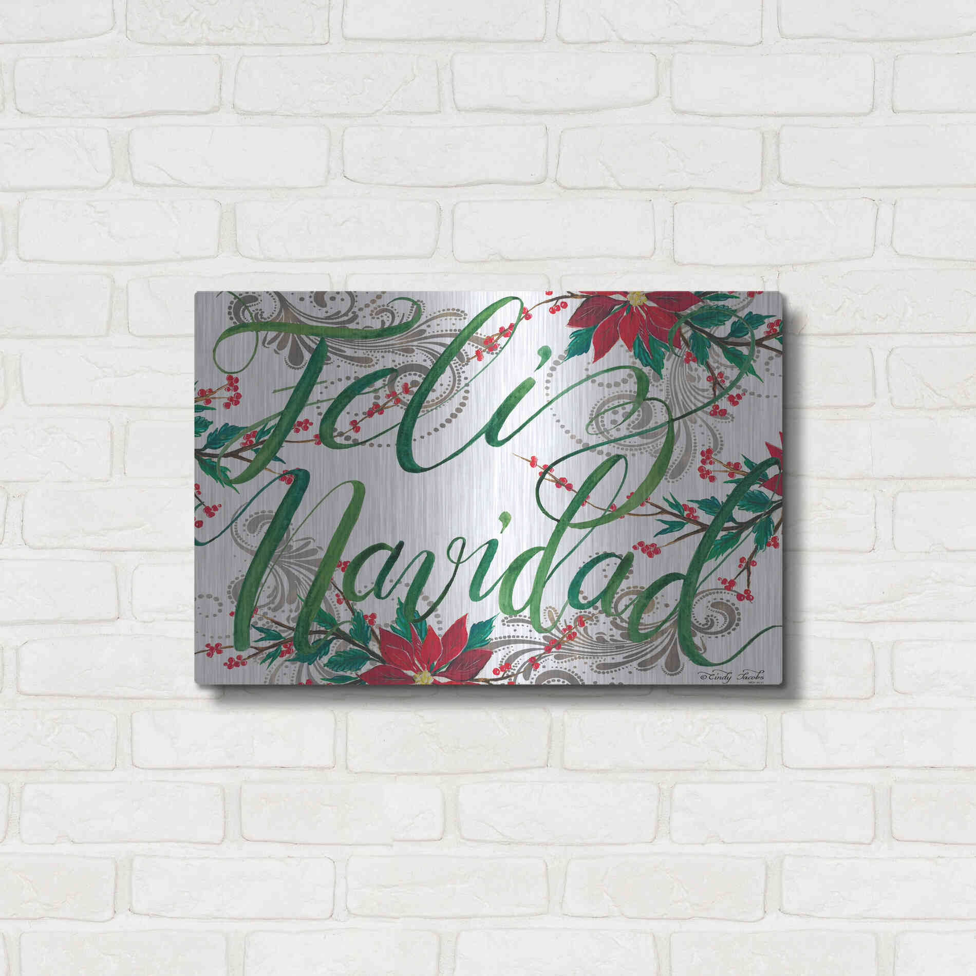 Luxe Metal Art 'Feliz Navidad' by Cindy Jacobs, Metal Wall Art,24x16