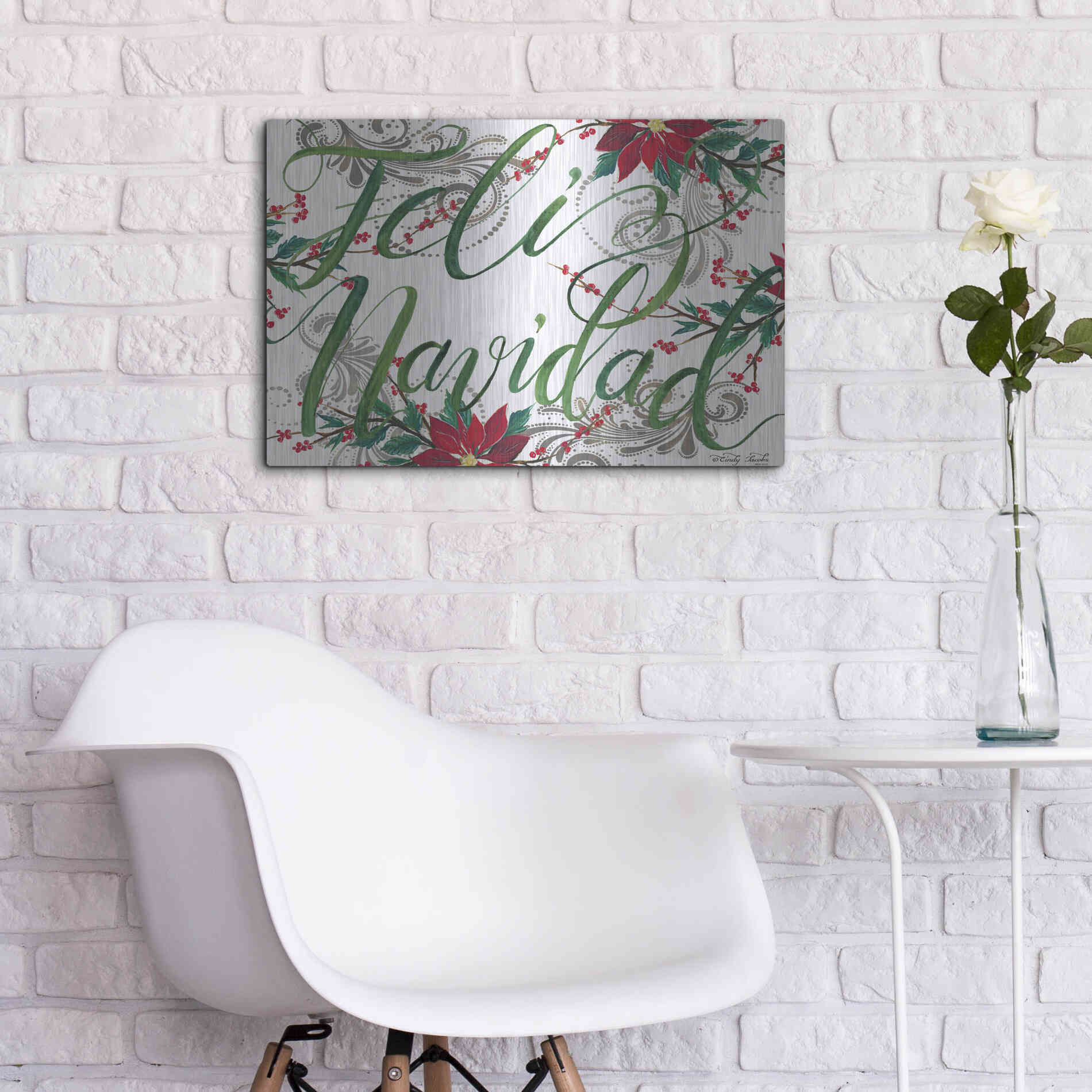 Luxe Metal Art 'Feliz Navidad' by Cindy Jacobs, Metal Wall Art,24x16