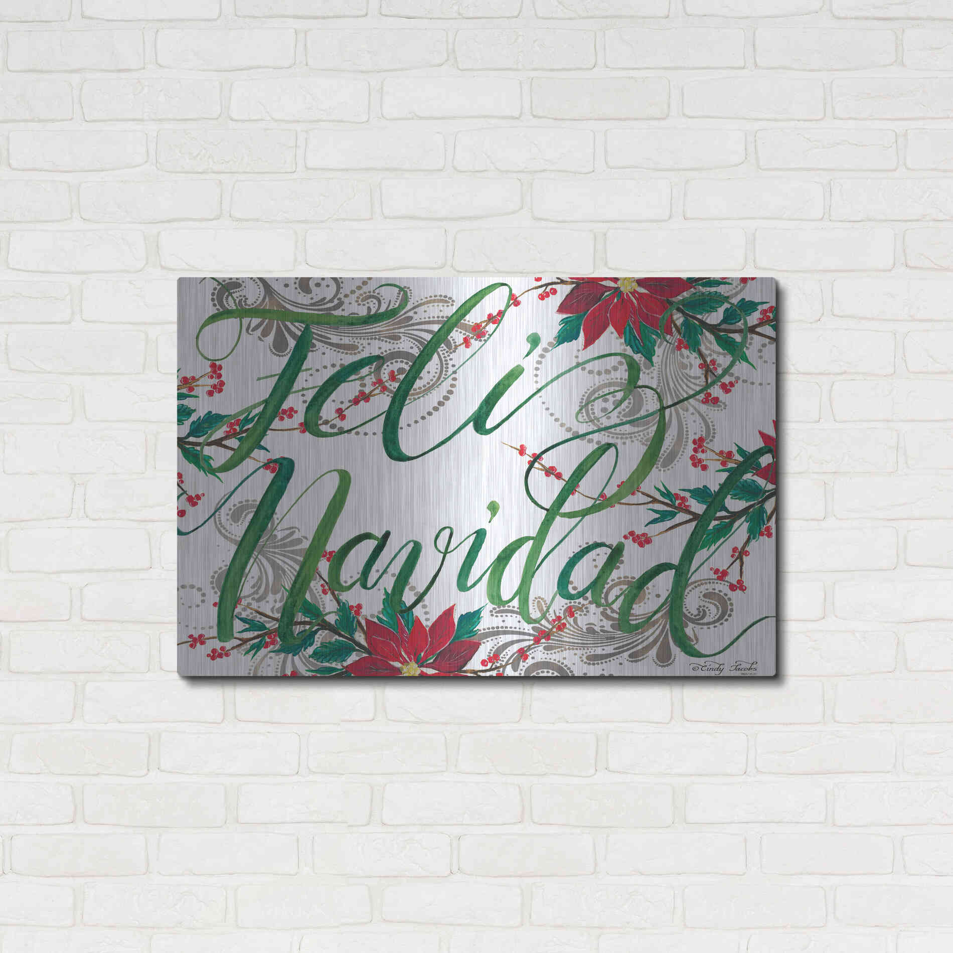 Luxe Metal Art 'Feliz Navidad' by Cindy Jacobs, Metal Wall Art,36x24