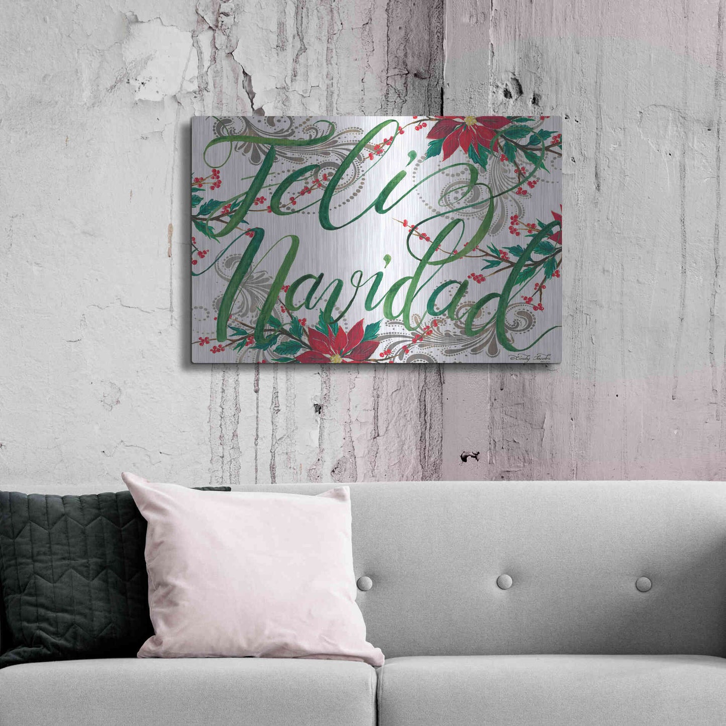 Luxe Metal Art 'Feliz Navidad' by Cindy Jacobs, Metal Wall Art,36x24