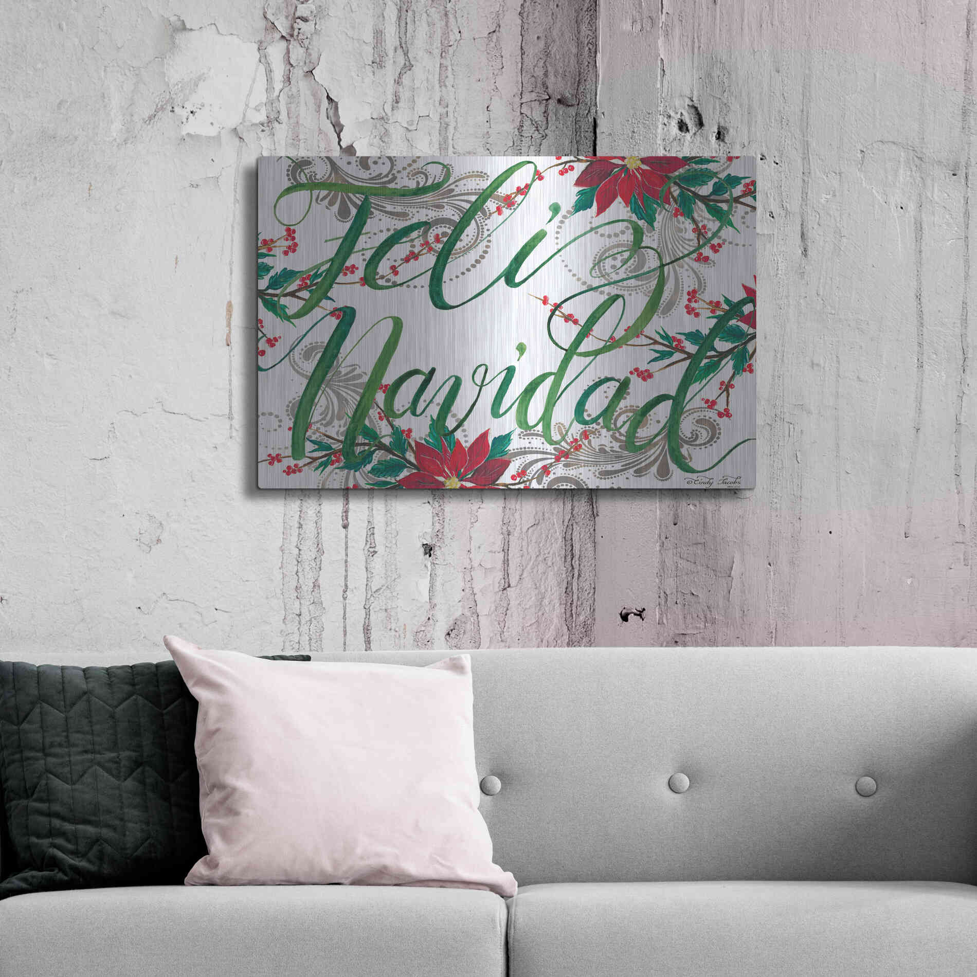 Luxe Metal Art 'Feliz Navidad' by Cindy Jacobs, Metal Wall Art,36x24
