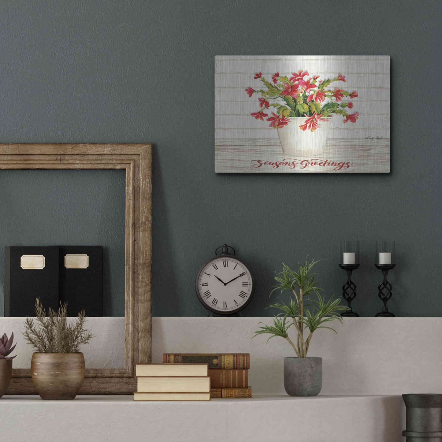 Luxe Metal Art 'Christmas Cactus - Season's Greetings' by Cindy Jacobs, Metal Wall Art,16x12