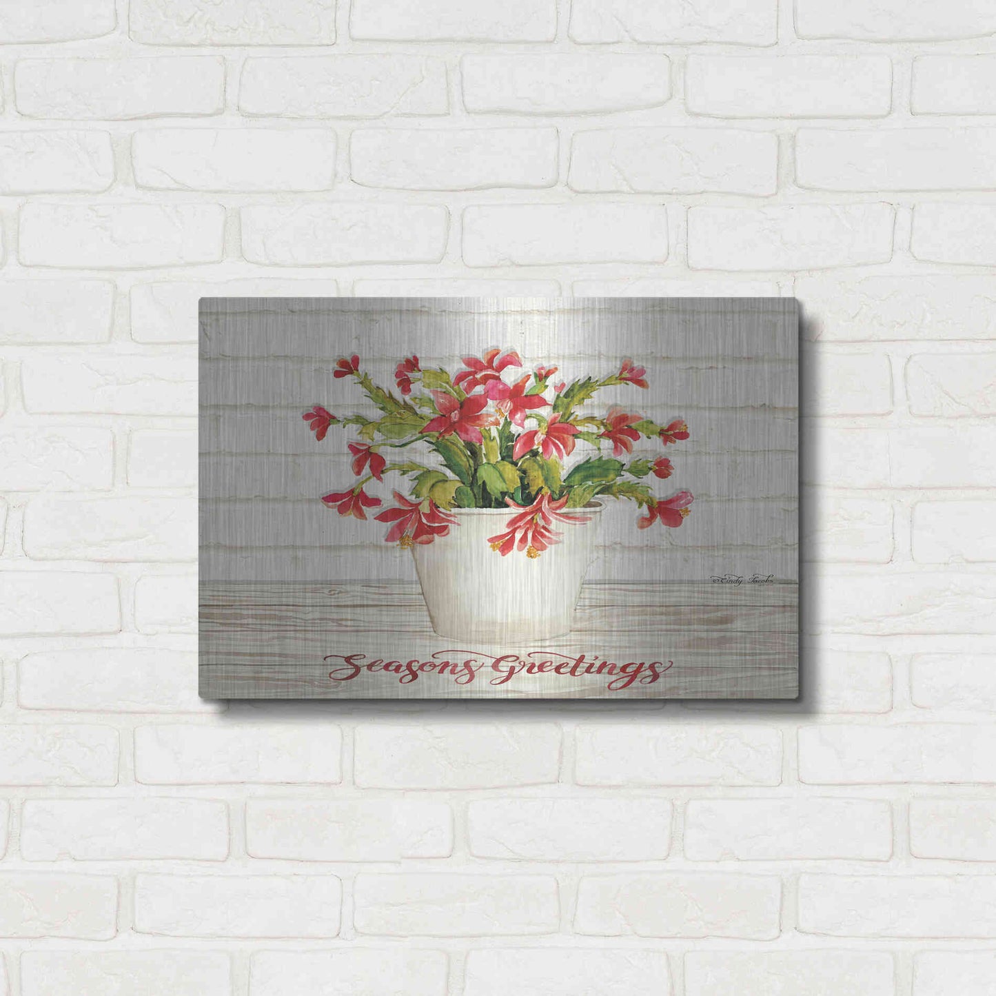 Luxe Metal Art 'Christmas Cactus - Season's Greetings' by Cindy Jacobs, Metal Wall Art,24x16