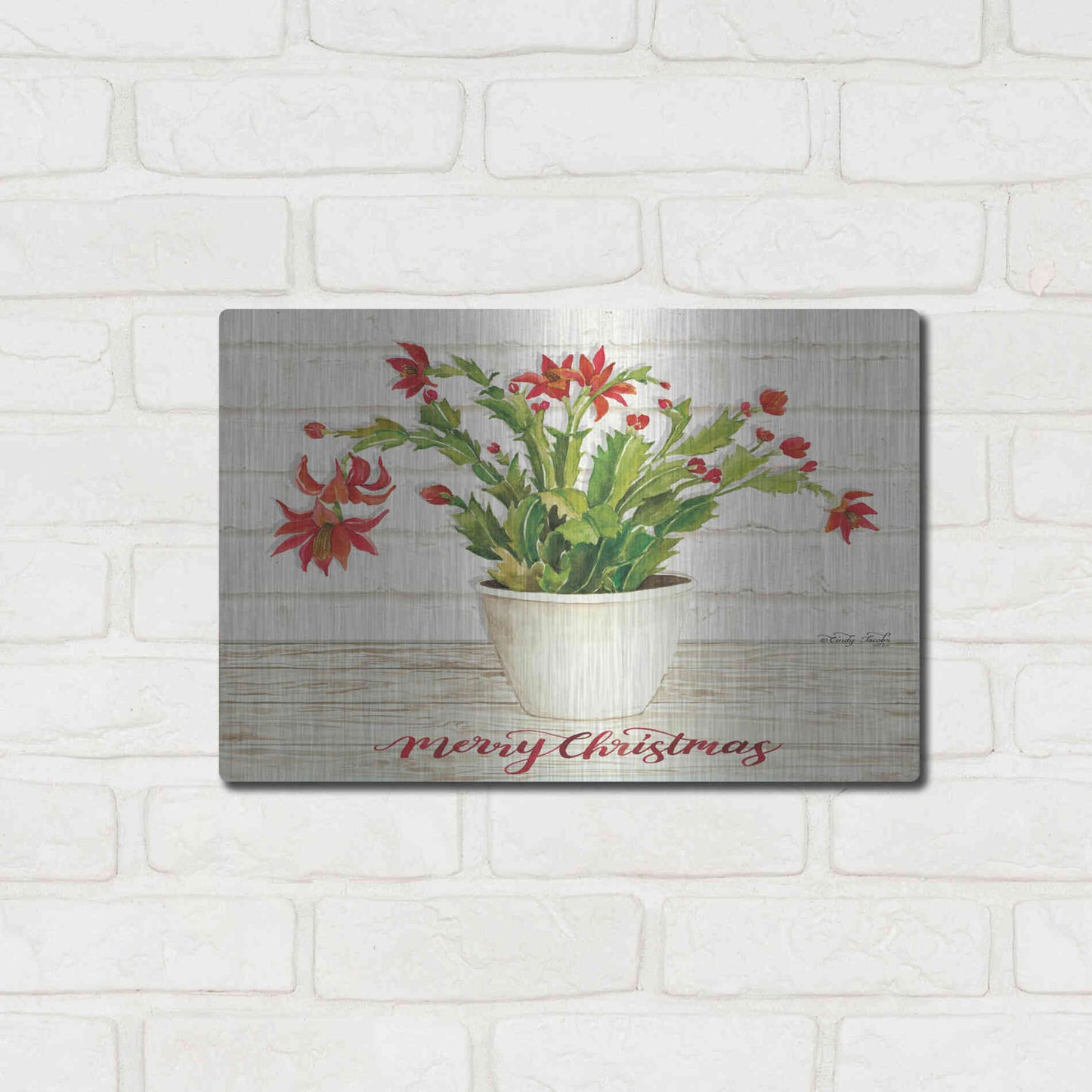 Luxe Metal Art 'Christmas Cactus - Merry Christmas' by Cindy Jacobs, Metal Wall Art,16x12