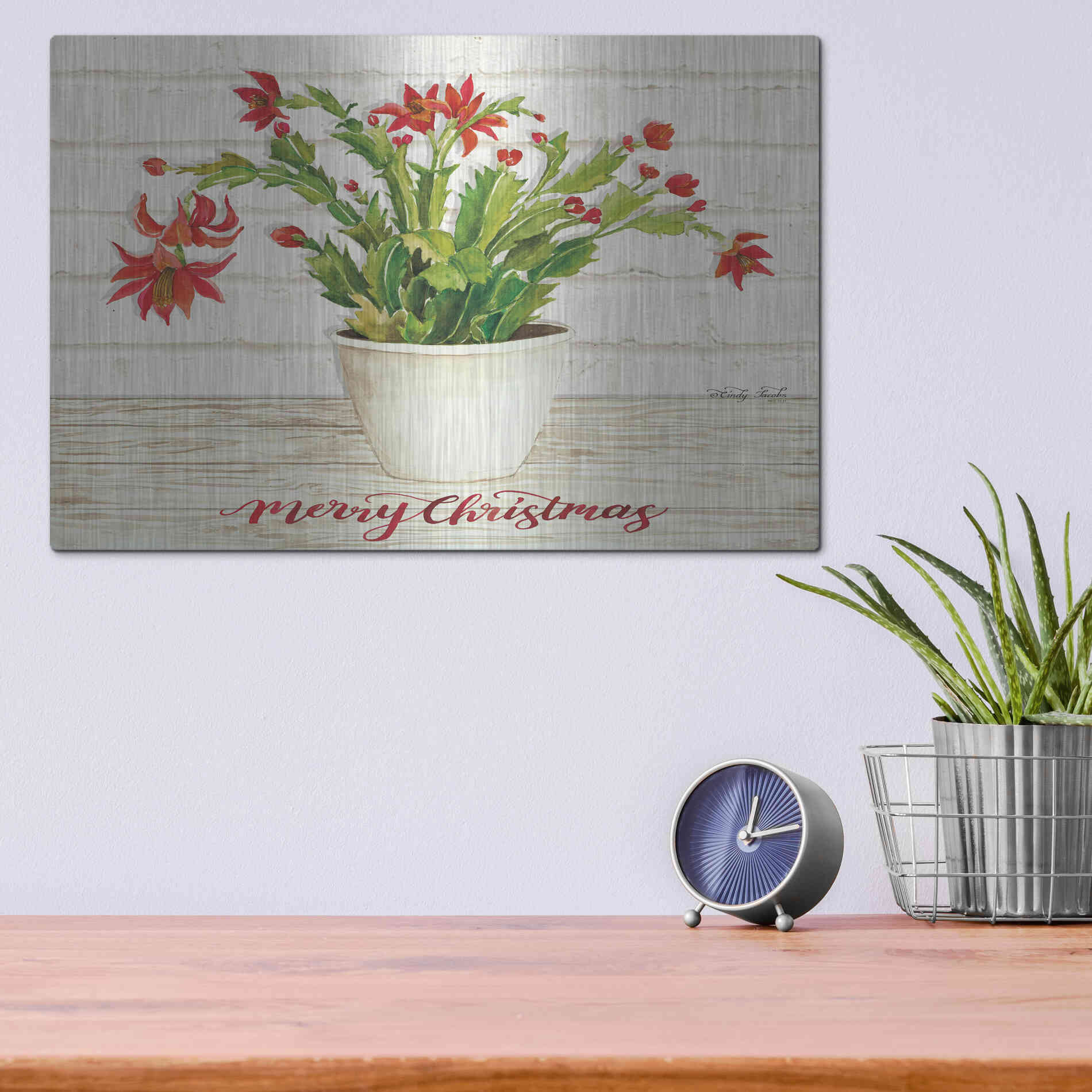 Luxe Metal Art 'Christmas Cactus - Merry Christmas' by Cindy Jacobs, Metal Wall Art,16x12