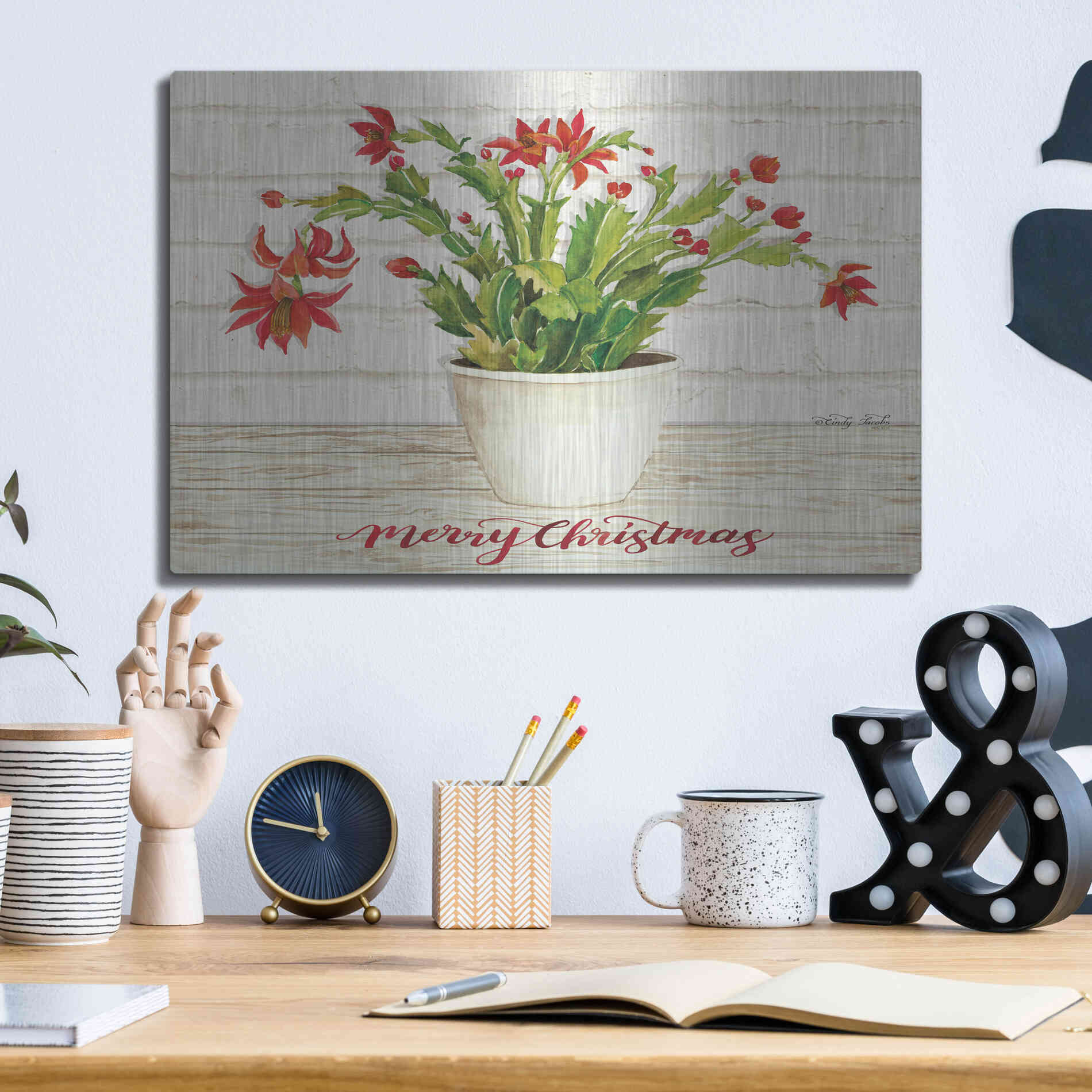 Luxe Metal Art 'Christmas Cactus - Merry Christmas' by Cindy Jacobs, Metal Wall Art,16x12