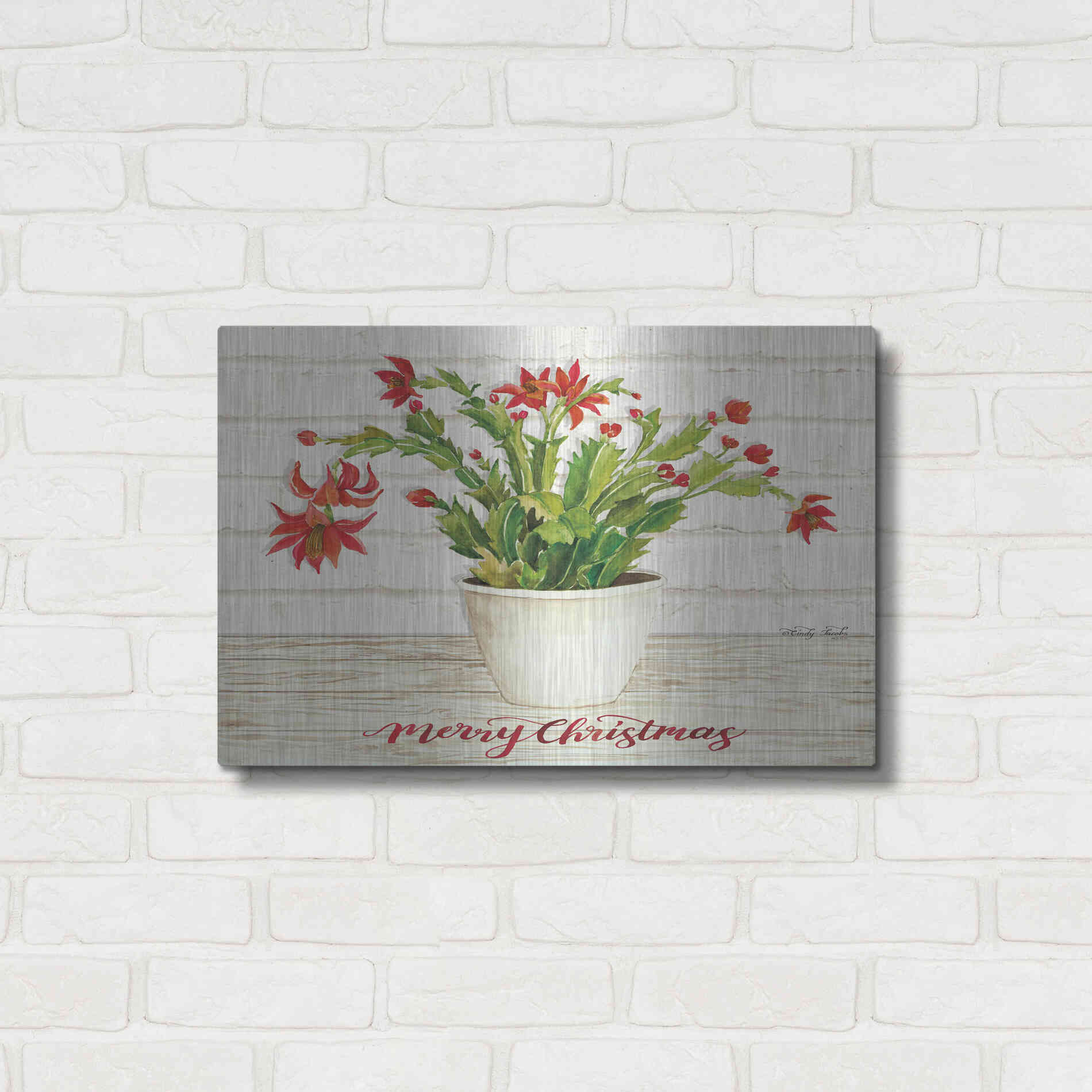 Luxe Metal Art 'Christmas Cactus - Merry Christmas' by Cindy Jacobs, Metal Wall Art,24x16