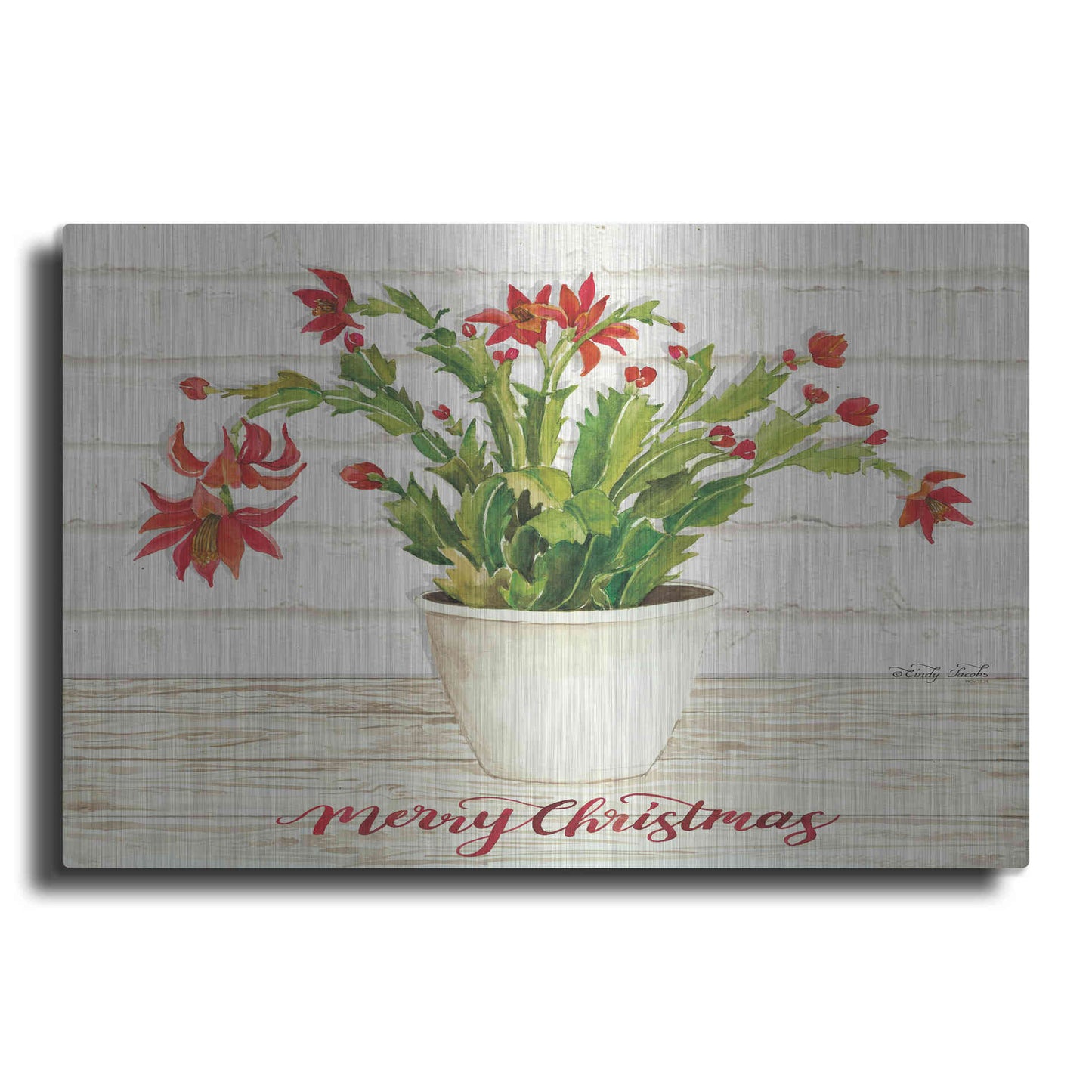 Luxe Metal Art 'Christmas Cactus - Merry Christmas' by Cindy Jacobs, Metal Wall Art