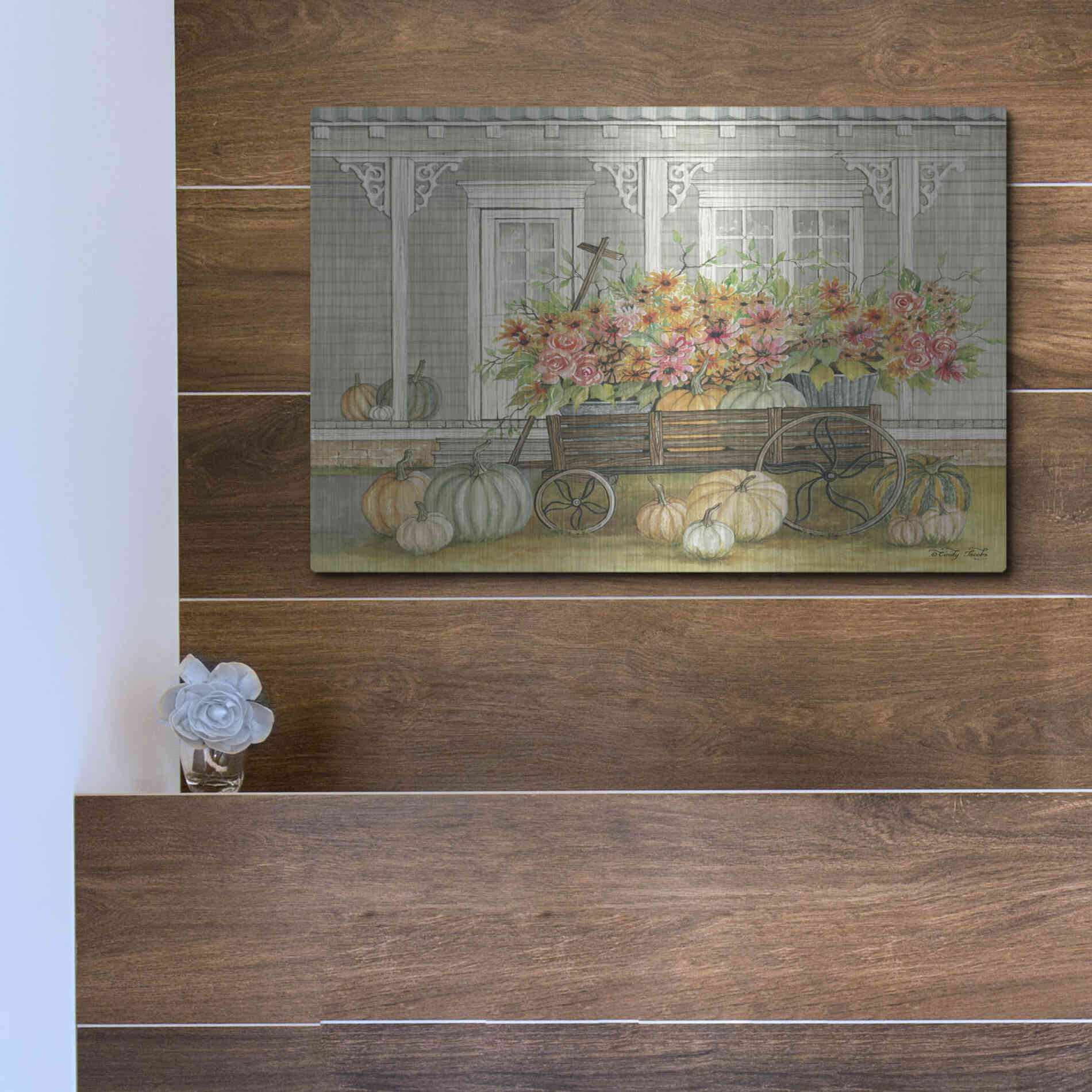 Luxe Metal Art 'Fall Wagon' by Cindy Jacobs, Metal Wall Art,16x12