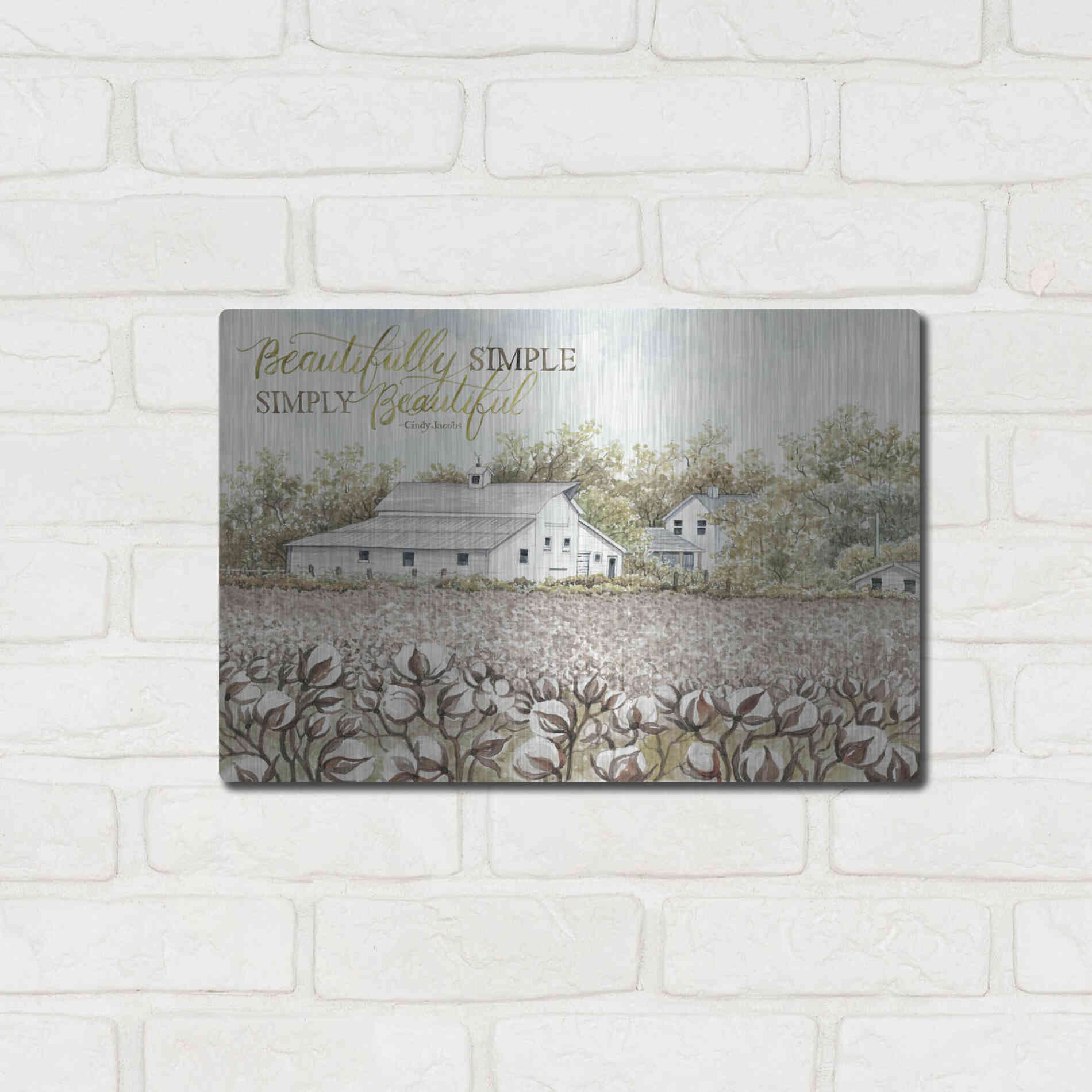 Luxe Metal Art 'Beautifully Simple Cotton Farm' by Cindy Jacobs, Metal Wall Art,16x12