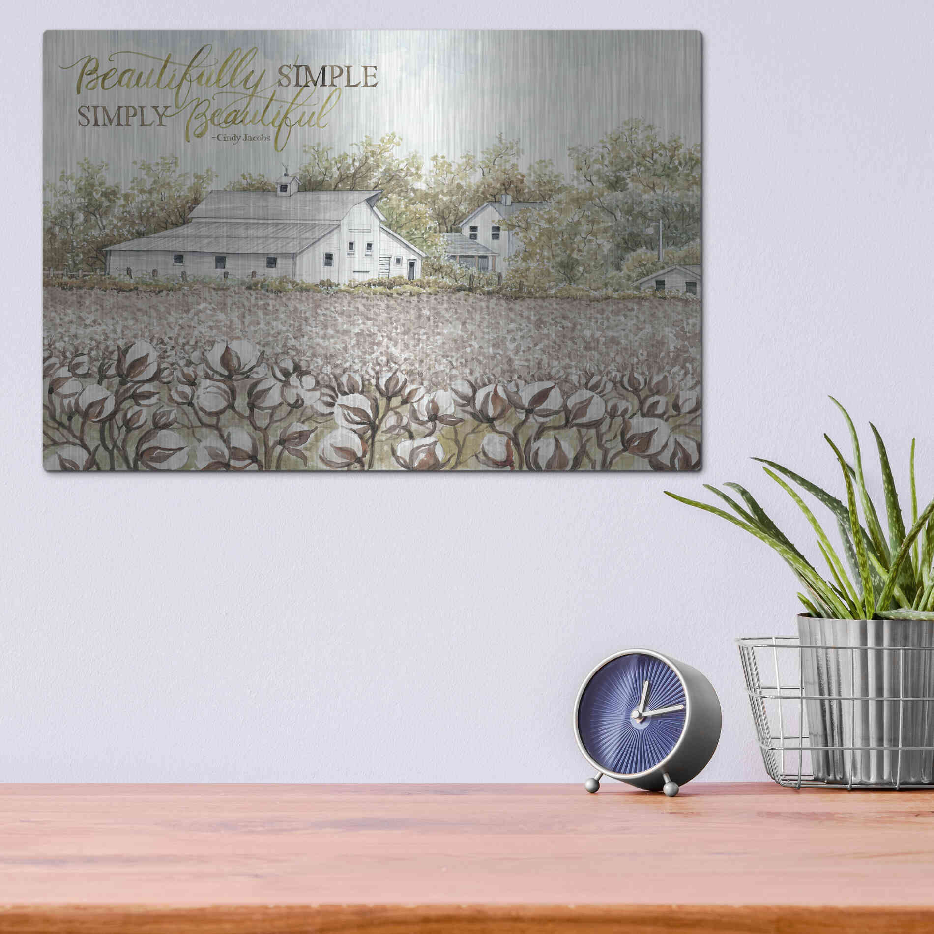 Luxe Metal Art 'Beautifully Simple Cotton Farm' by Cindy Jacobs, Metal Wall Art,16x12