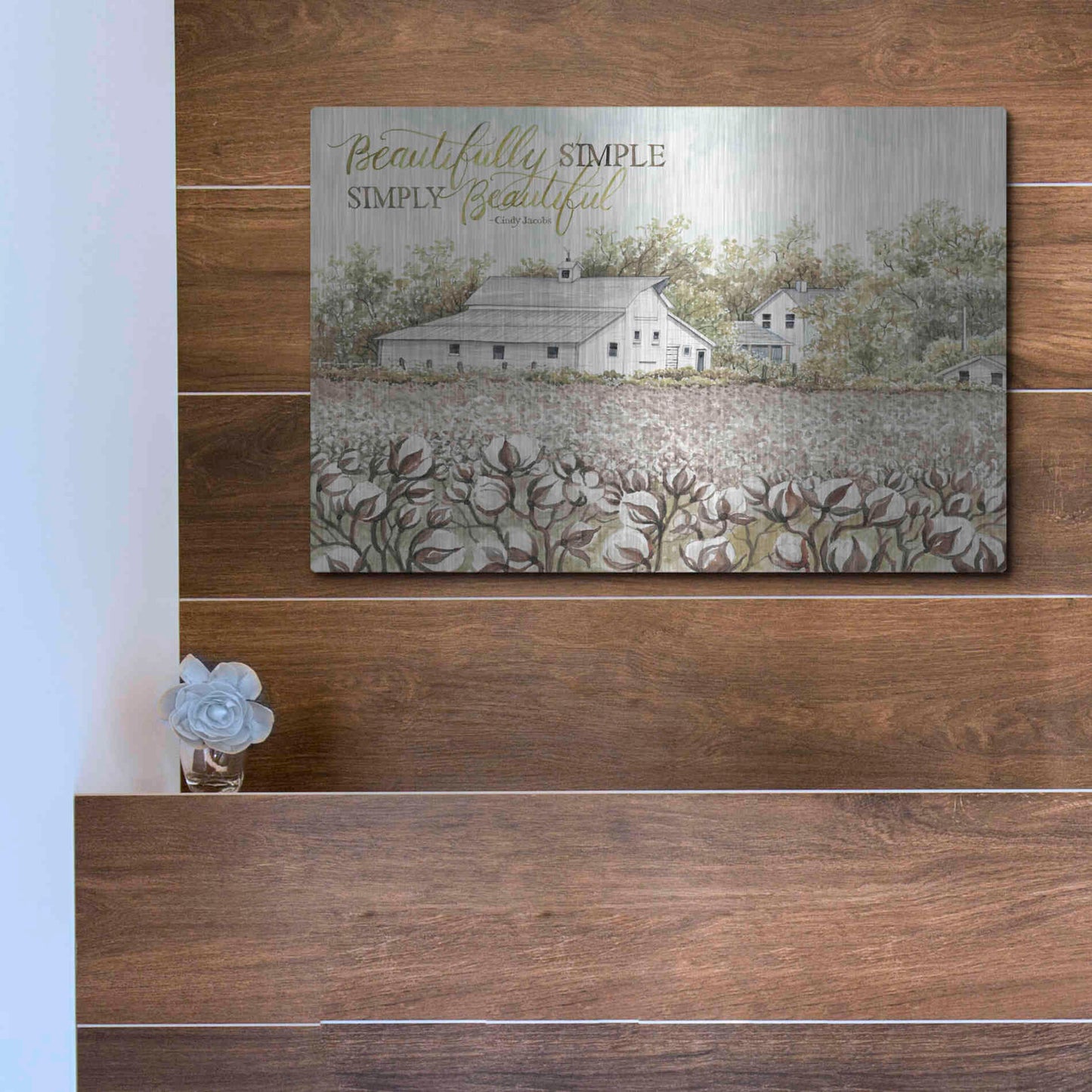 Luxe Metal Art 'Beautifully Simple Cotton Farm' by Cindy Jacobs, Metal Wall Art,16x12