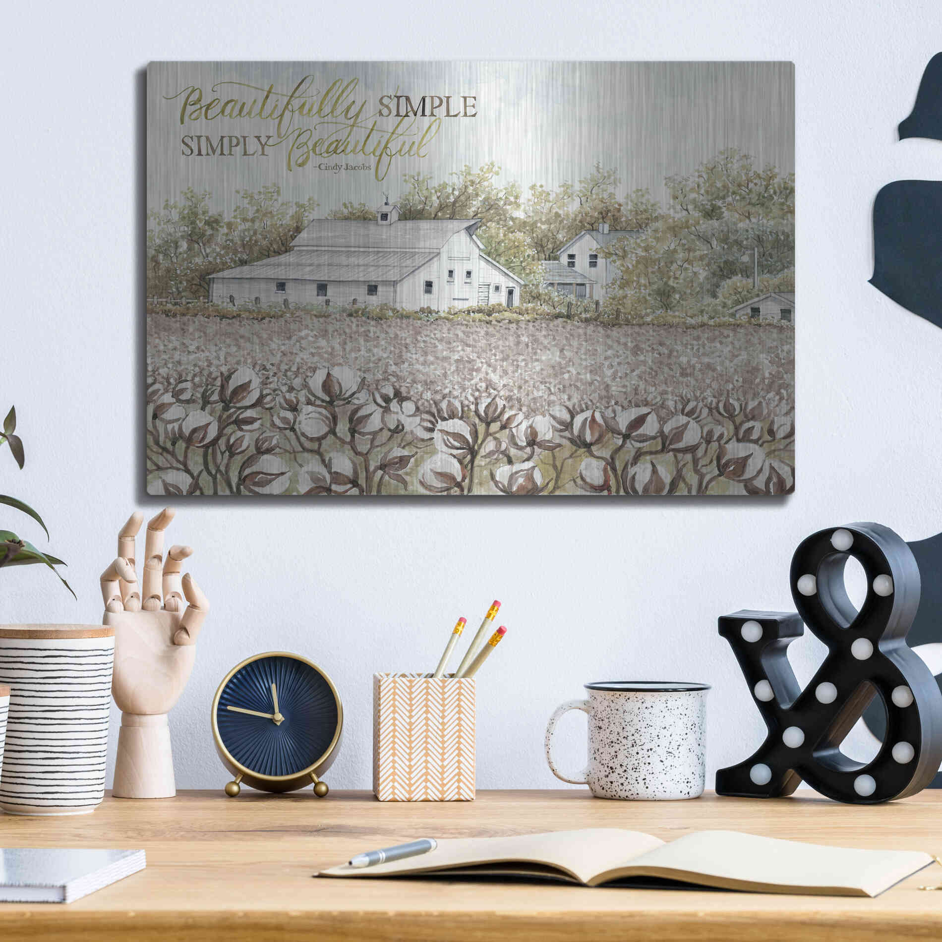 Luxe Metal Art 'Beautifully Simple Cotton Farm' by Cindy Jacobs, Metal Wall Art,16x12