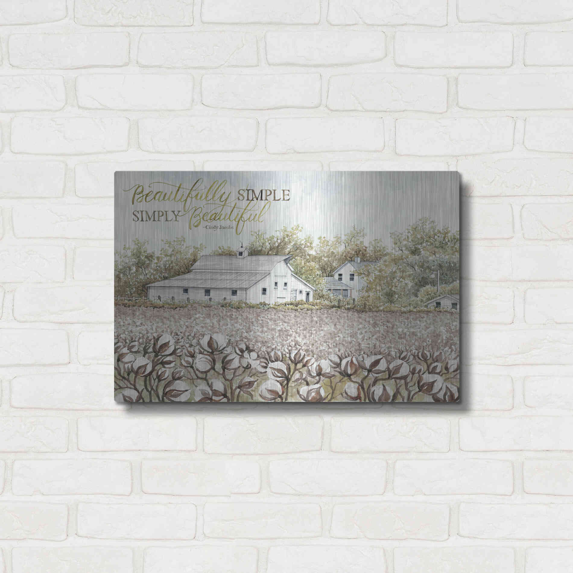 Luxe Metal Art 'Beautifully Simple Cotton Farm' by Cindy Jacobs, Metal Wall Art,24x16
