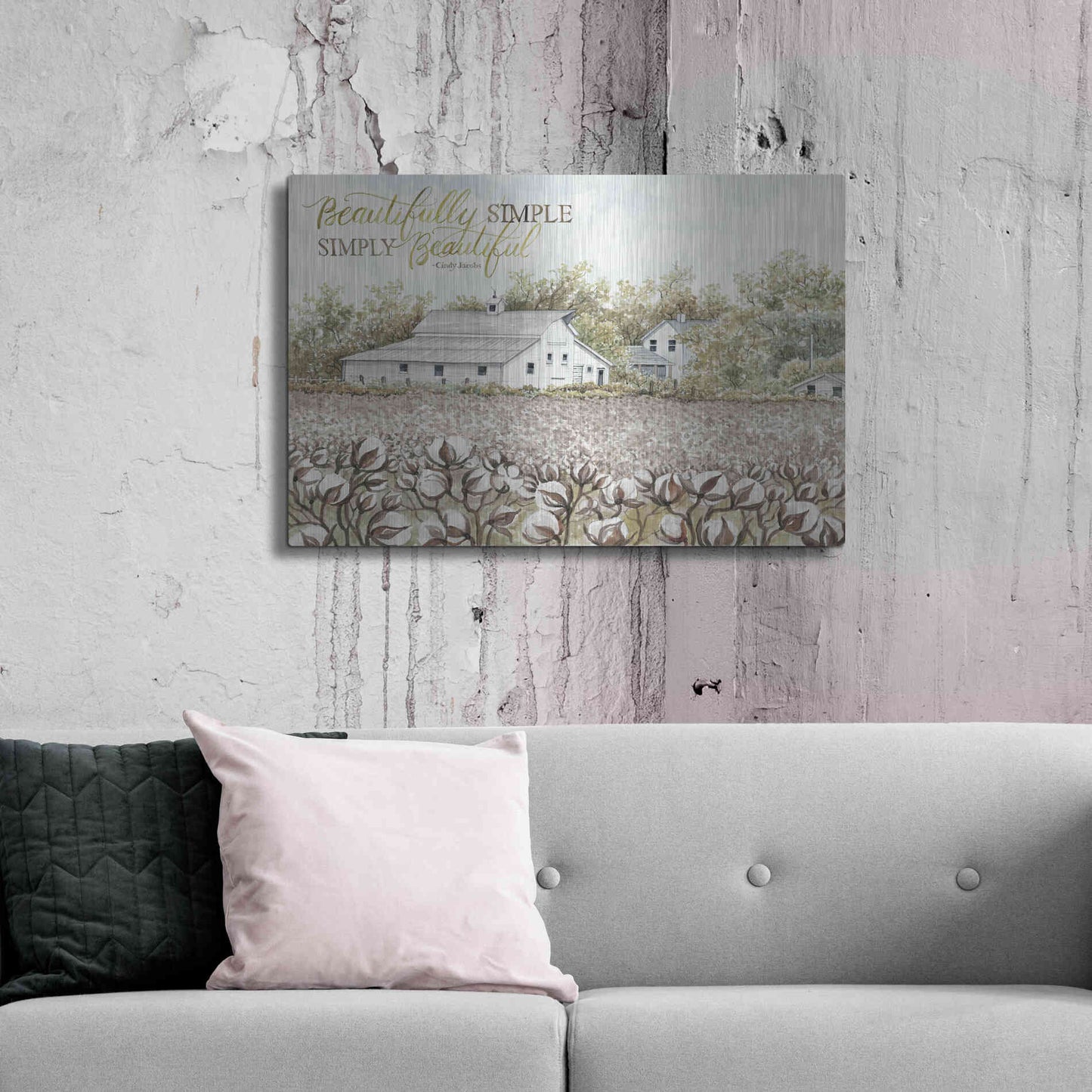 Luxe Metal Art 'Beautifully Simple Cotton Farm' by Cindy Jacobs, Metal Wall Art,36x24
