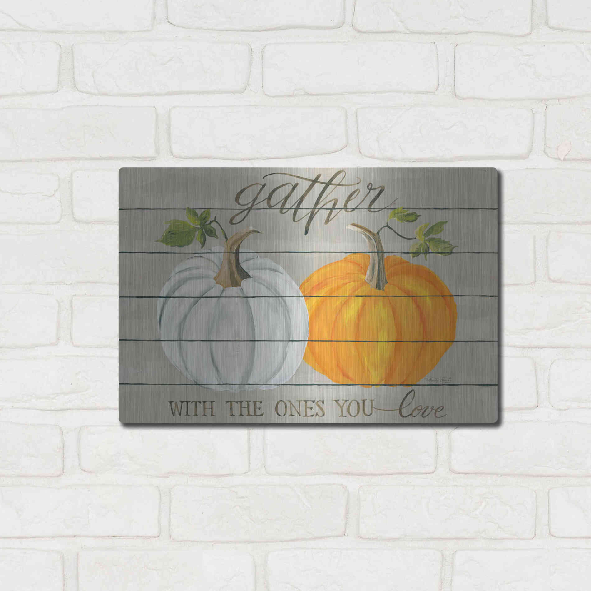 Luxe Metal Art 'Gather With The Ones You Love Pumpkins' by Cindy Jacobs, Metal Wall Art,16x12