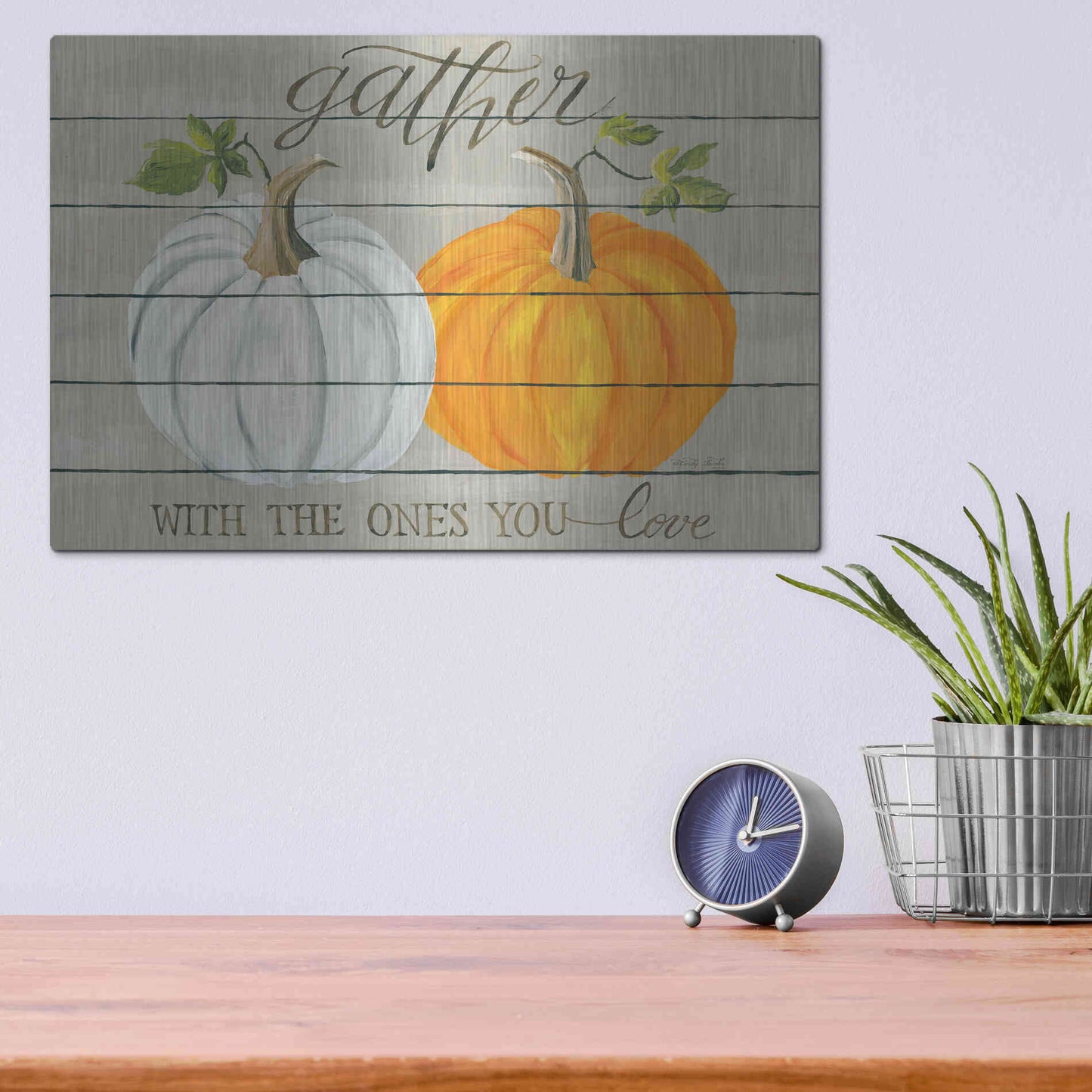 Luxe Metal Art 'Gather With The Ones You Love Pumpkins' by Cindy Jacobs, Metal Wall Art,16x12