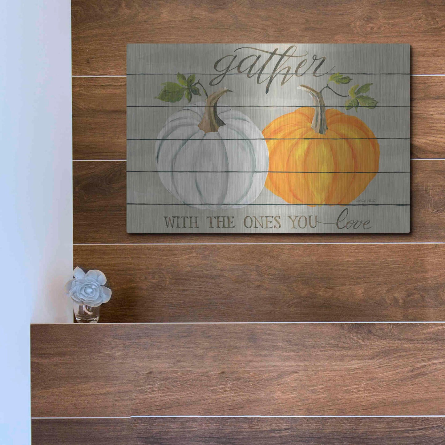 Luxe Metal Art 'Gather With The Ones You Love Pumpkins' by Cindy Jacobs, Metal Wall Art,16x12