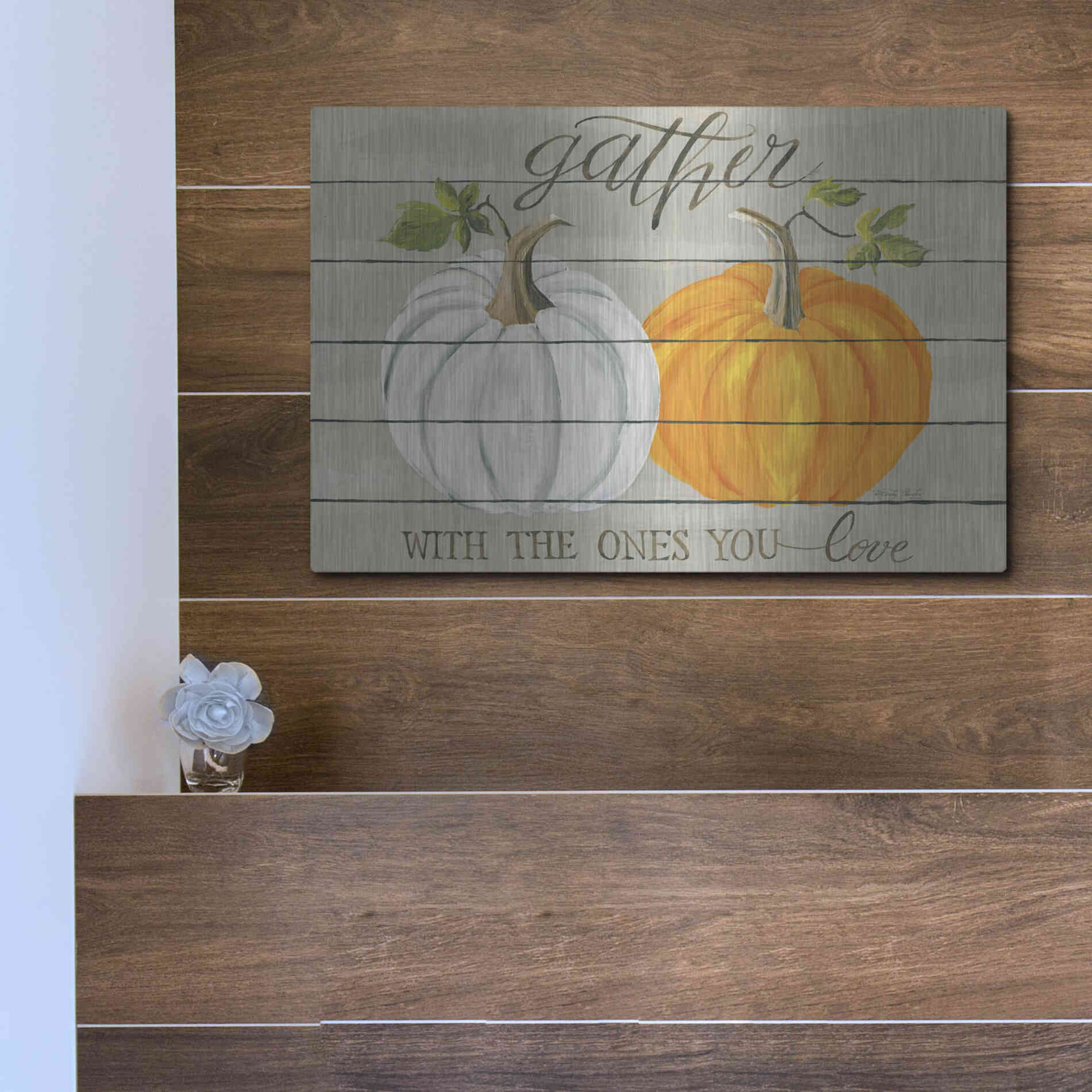 Luxe Metal Art 'Gather With The Ones You Love Pumpkins' by Cindy Jacobs, Metal Wall Art,16x12