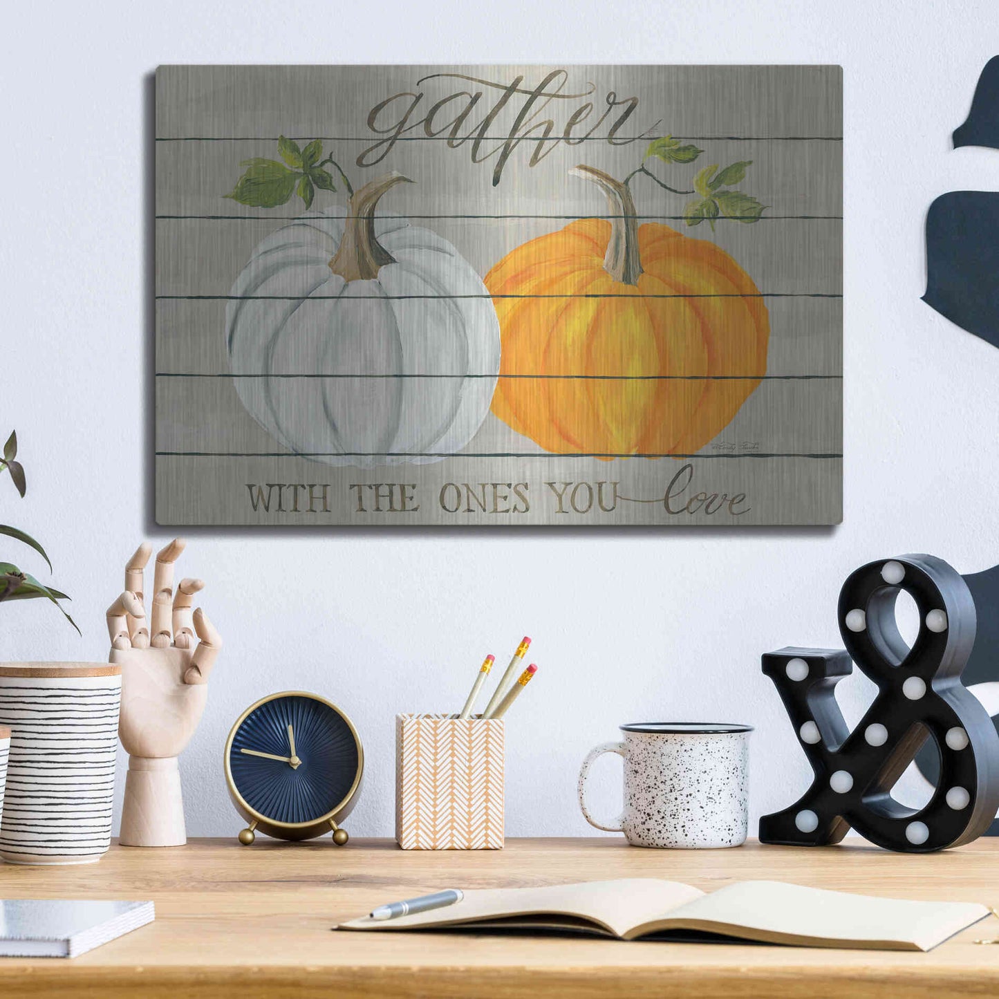 Luxe Metal Art 'Gather With The Ones You Love Pumpkins' by Cindy Jacobs, Metal Wall Art,16x12