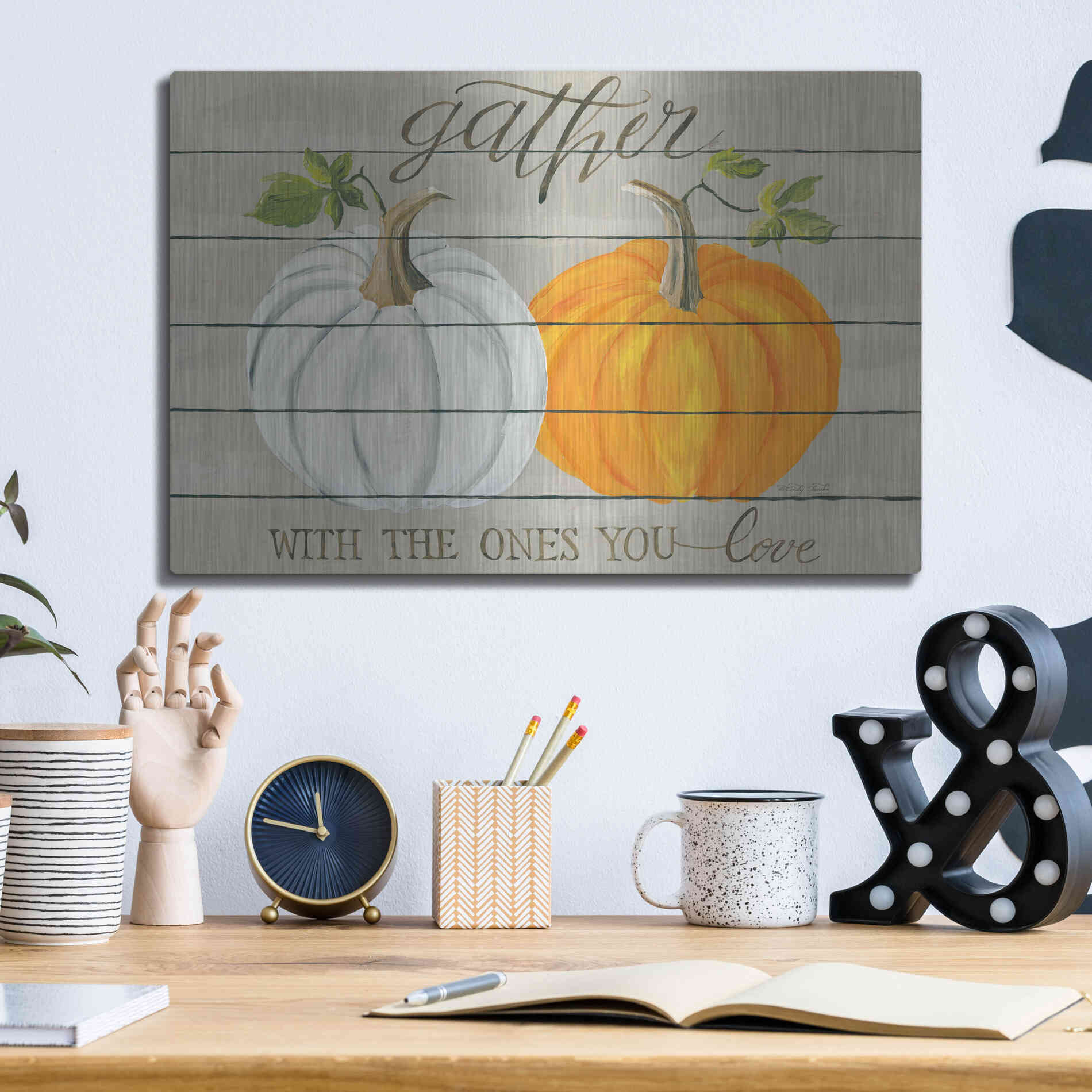 Luxe Metal Art 'Gather With The Ones You Love Pumpkins' by Cindy Jacobs, Metal Wall Art,16x12