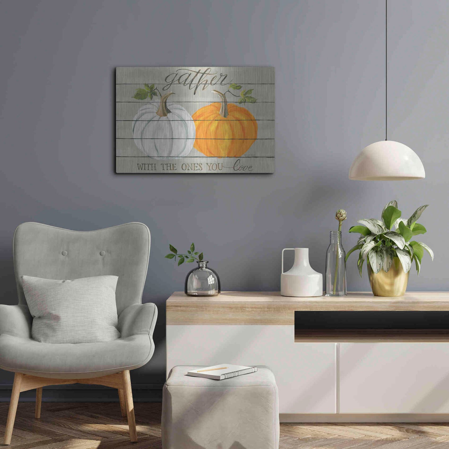 Luxe Metal Art 'Gather With The Ones You Love Pumpkins' by Cindy Jacobs, Metal Wall Art,24x16